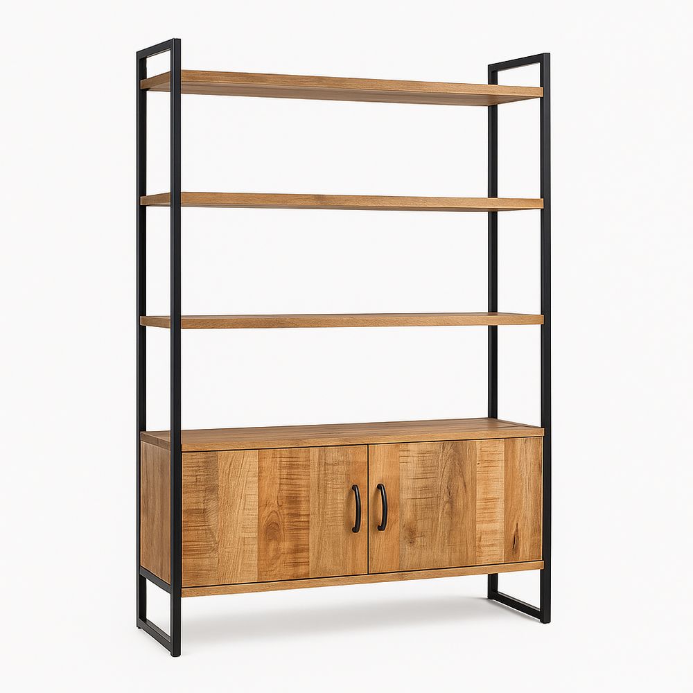 Estantería moderna de madera y metal con cuatro estantes y armario