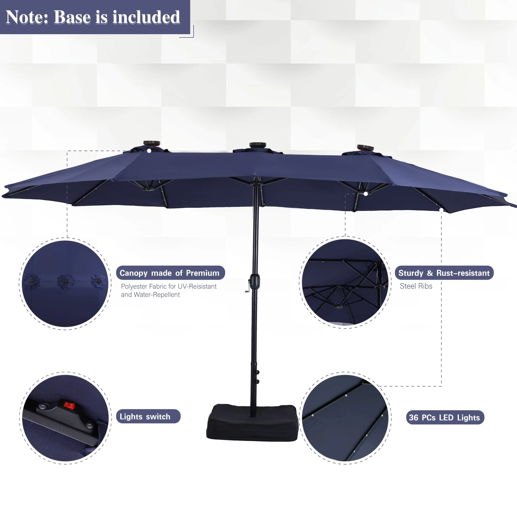 Alpha Joy 15ft Extra Large Outdoor Patio Double-Sided Umbrella with LED Solar Lights & Umbrella Base, Beige - Image 79