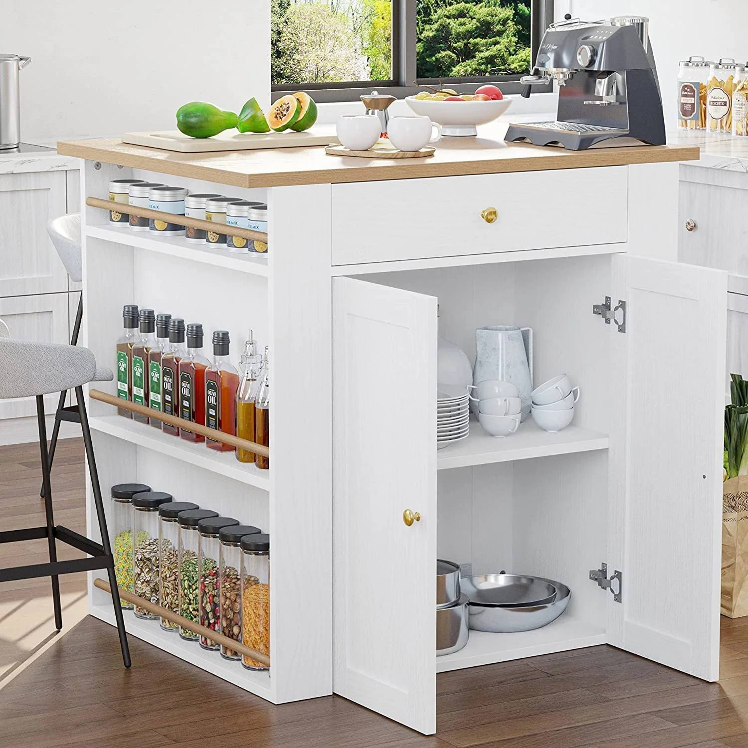 IRONCK Kitchen Island with Large Storage Space and Charging Station, 29.5"D x 39"W x 38"H, White - image 1