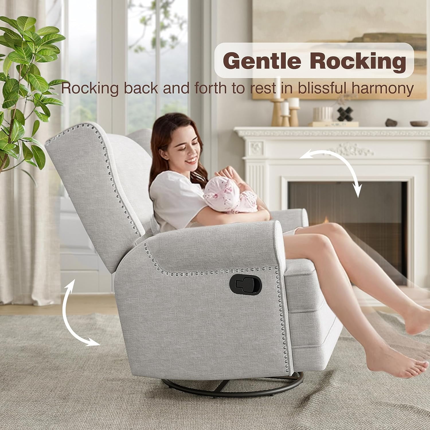 Royalcraft Swivel Nursery Glider Recliner, Comfy Upholstered Glider Chair with Lumbar Pillow and Footrest, Beige - Image 42