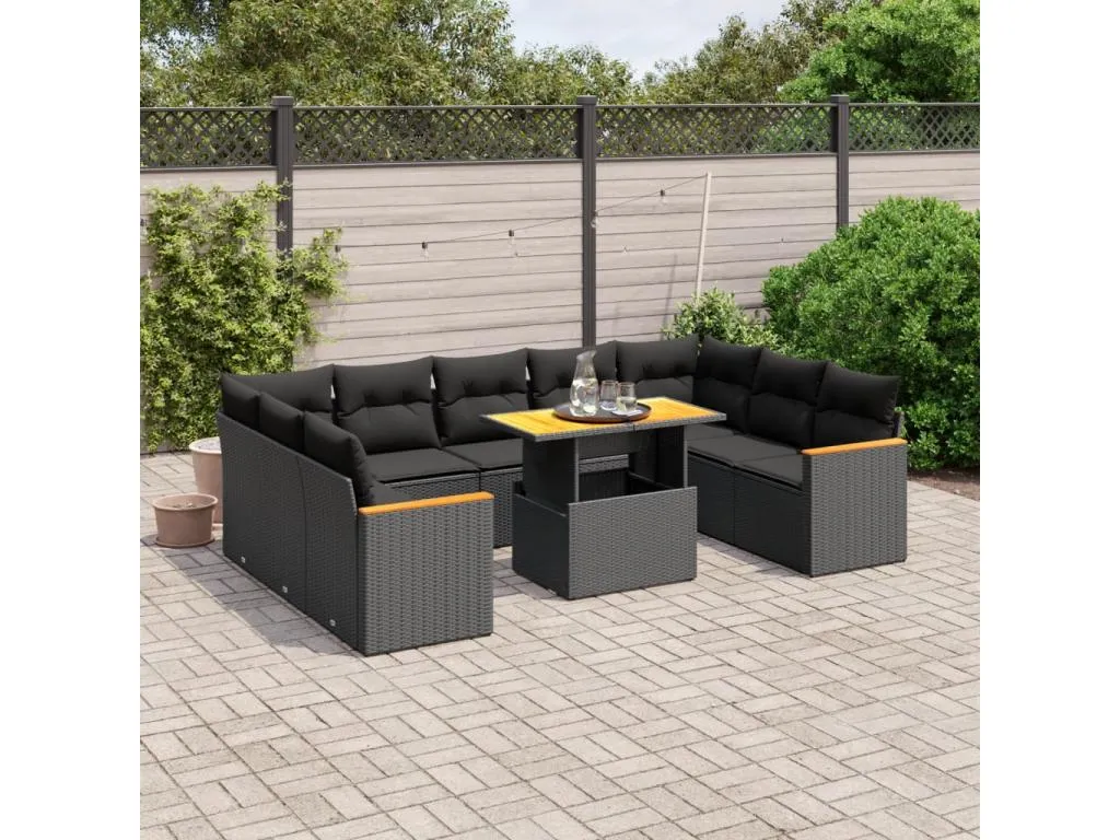 Set de sofás de jardín 10 pzas cojines ratán sintético negro