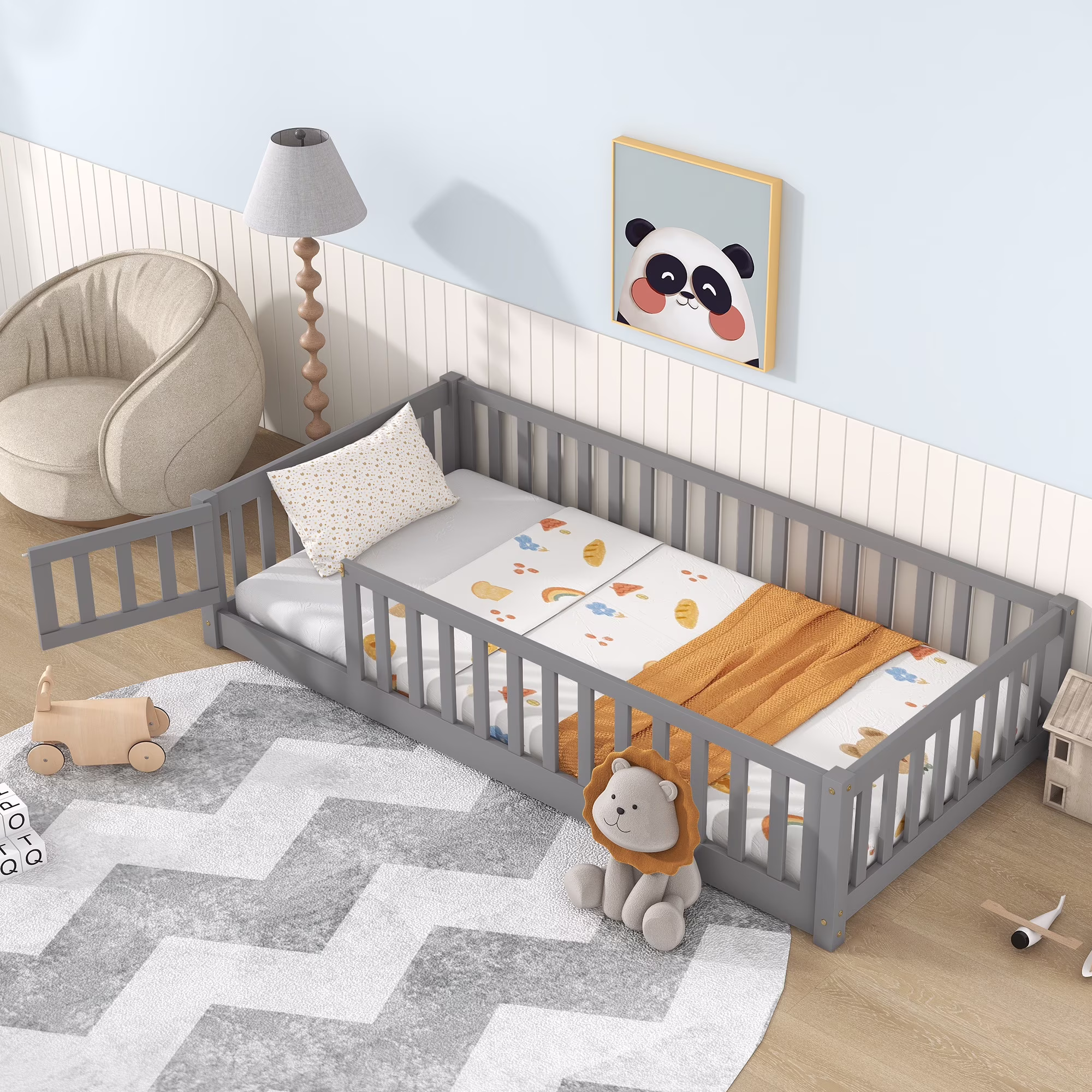 PAPROOS Twin Size Floor Bed, Solid Wood Toddler Bed with Slat, Fence Guardrail and Door, No Box Spring Needed, Montessori Bed, Twin Bed for Kids, Boys, Girls, Gray(Twin/White)
