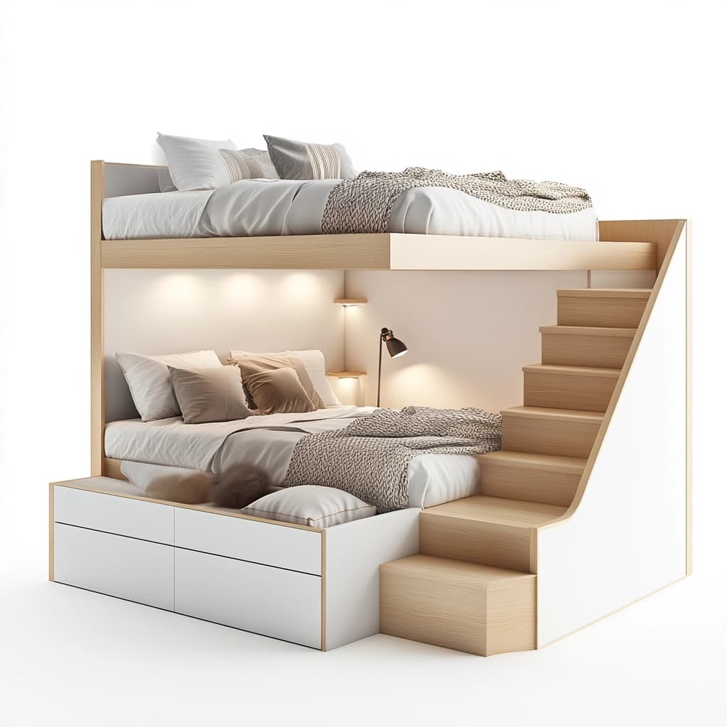 Cama litera con escalera estructura de madera y almacenamiento blanca/madera