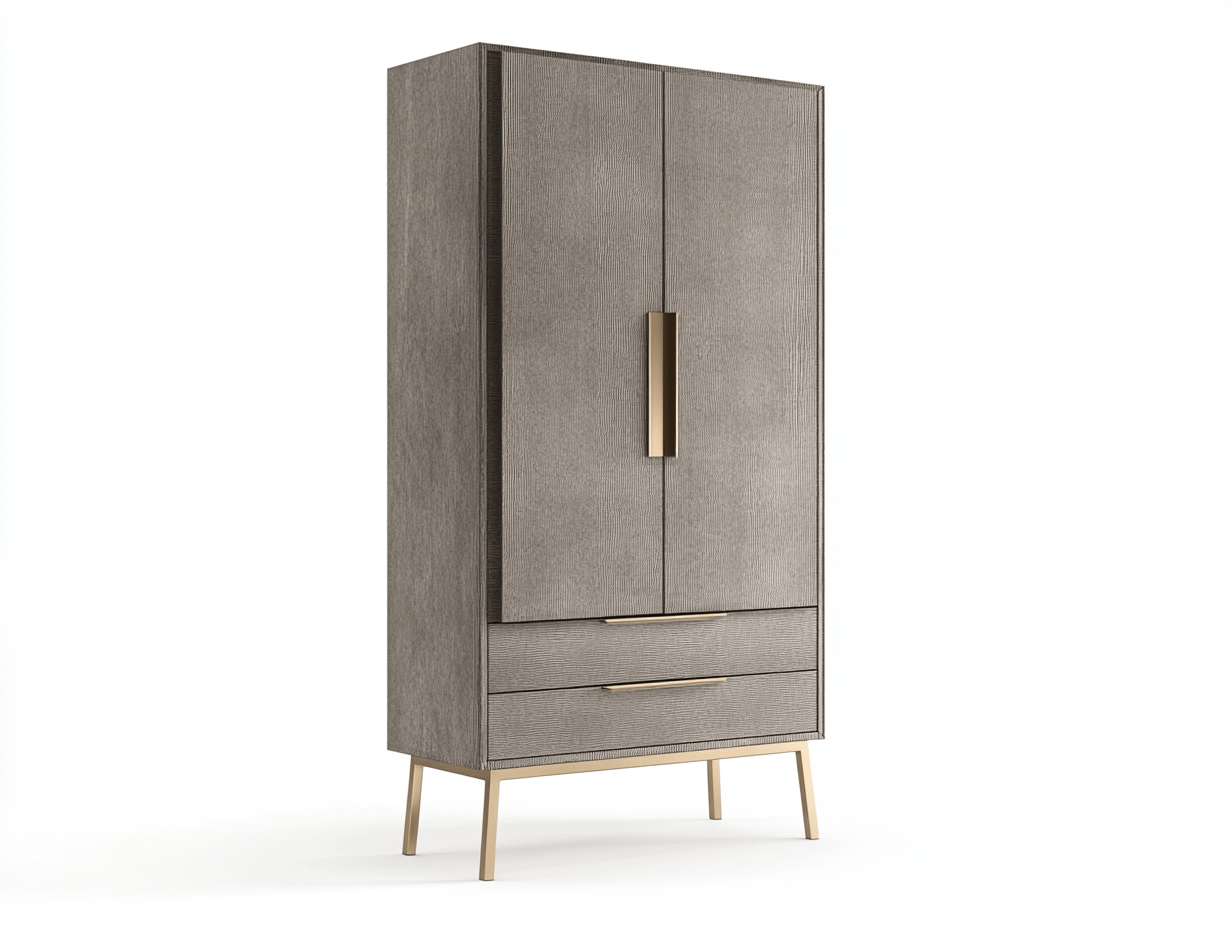 Armario Alto con Dos Puertas y Tres Cajones en Gris y Dorado