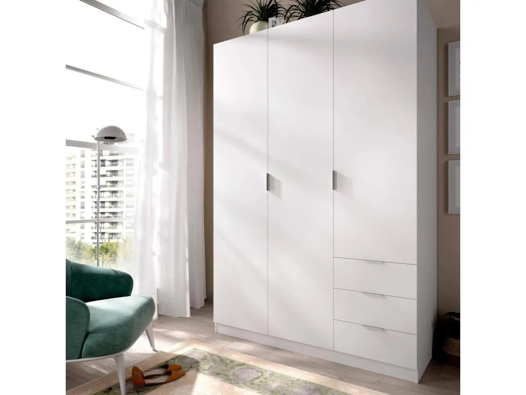 Armario Alkifurniturees Perchero para dormitorio Armario con 3 puertas batientes y 3 cajones 121x52h184 cm Blanco 48130QBFC