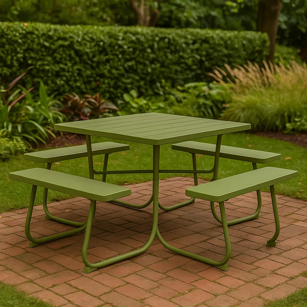 Conjunto de comedor de jardín tipo picnic con mesa cuadrada y 4 bancos integrados,Estructura de acero,Verde - pDffckW188QI