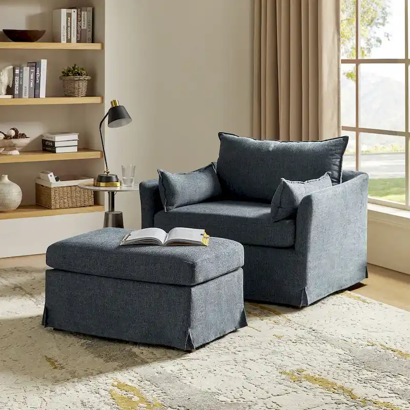 Sophie Contemporary Oversized Slipcovered Armchair and Ottoman with Lockable Rear Wheels