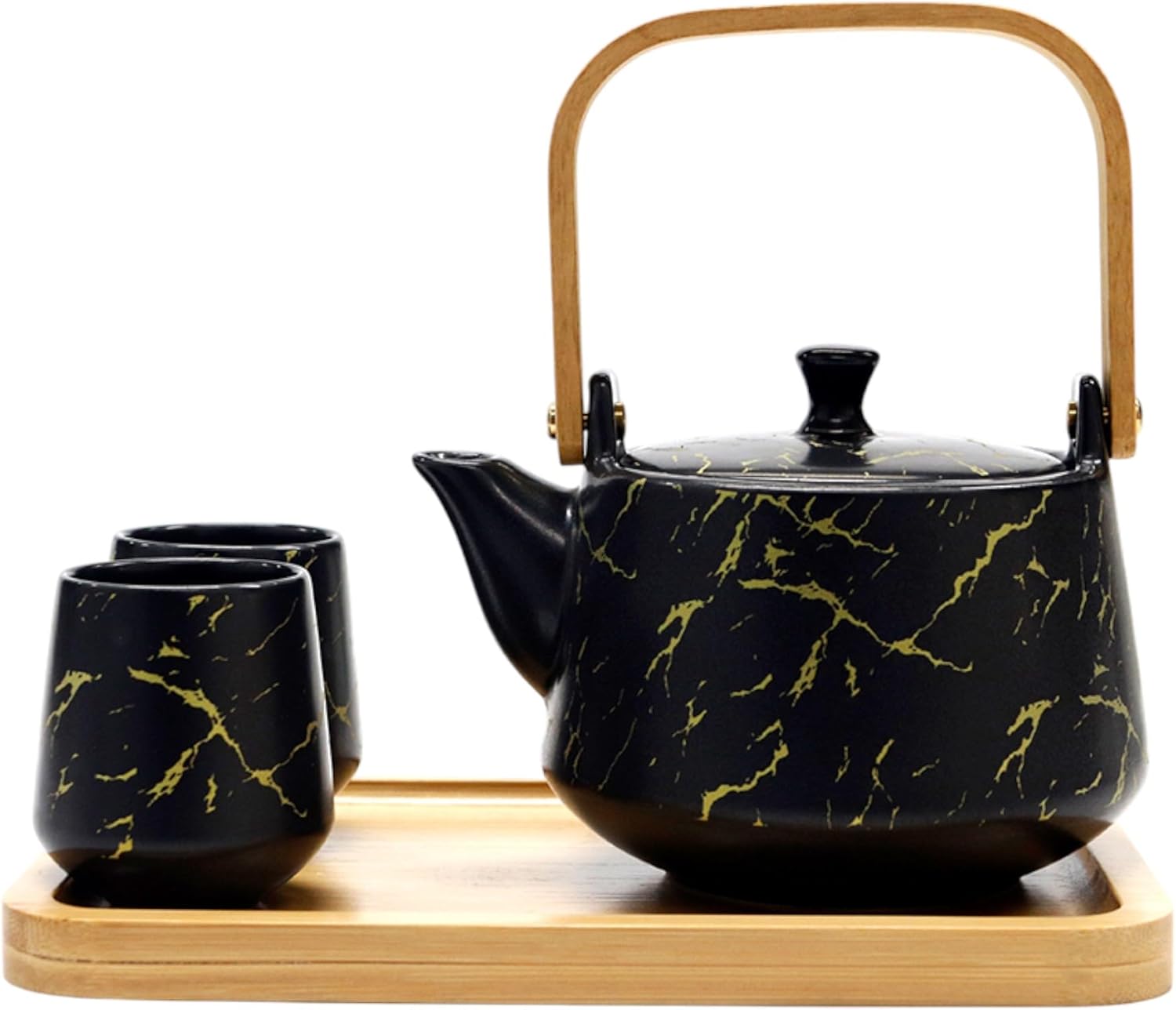 Urban Tokyo Ceramic Tea Set with Bamboo Tray, 20 fl oz Teapot with 2 Cups, Satin Matte Glaze, Japanese Inspired Tea Service for 2 (Blue)