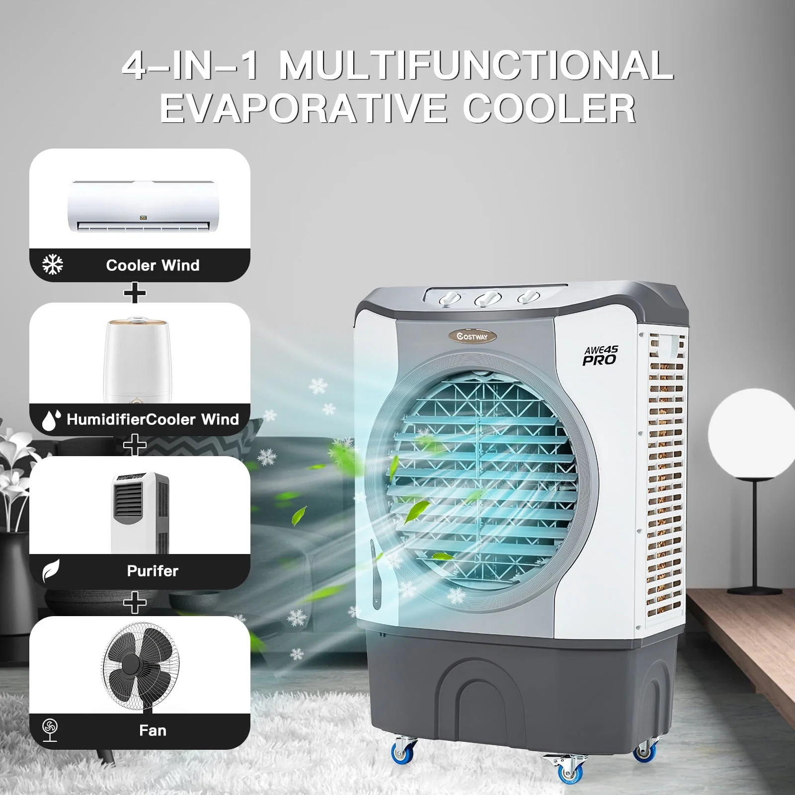 45L Evaporative Air Cooler 3-in-1 Swamp Cooler w/Large Water Tank & Washable Filter - Image 6
