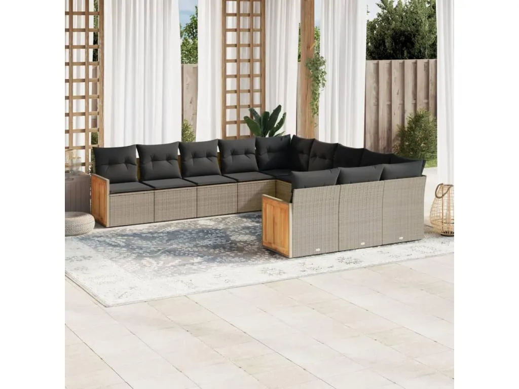 Set de sofás de jardín 11 piezas y cojines ratán sintético gris