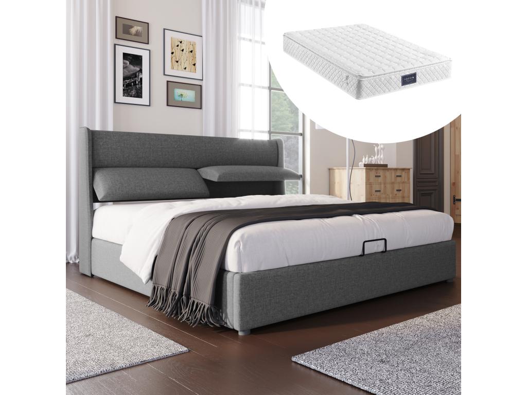 Cama doble con reposacabezas regulable y espacio de almacenamiento, 160x200
