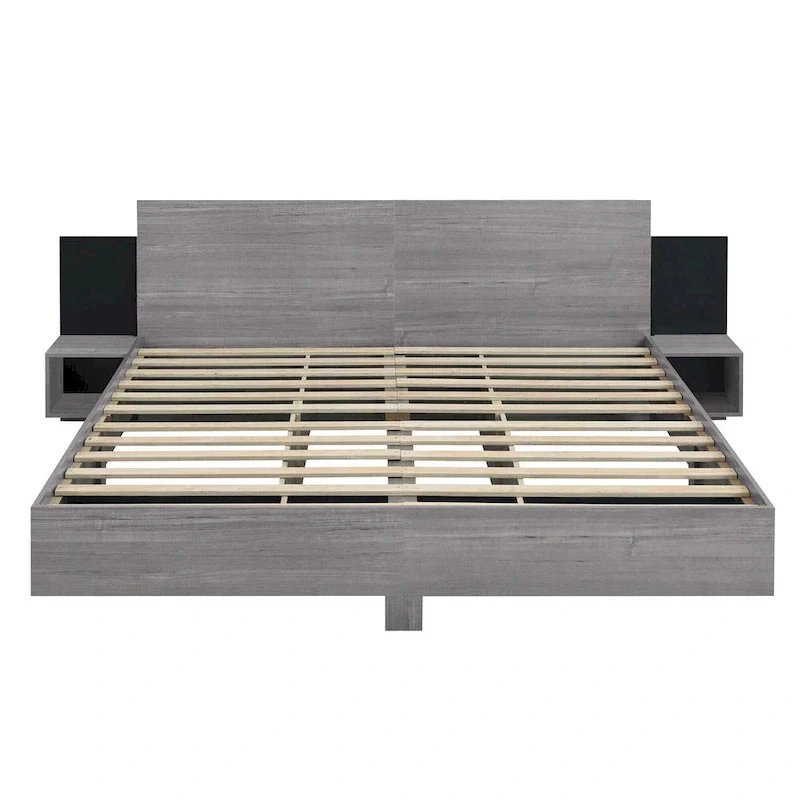 Modern King Size Wooden Floating Bed Frame with Nightstand and LED - Slatted Support Design