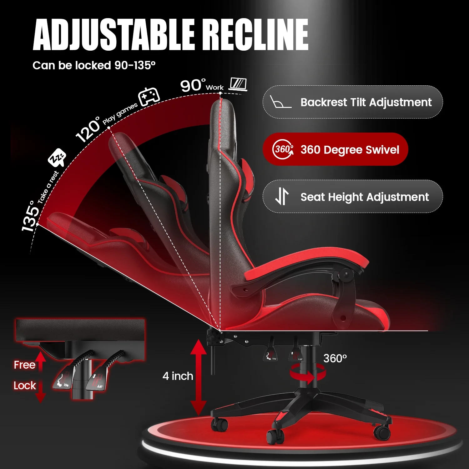Bigzzia Gaming Chair Office Chair, Ergonomic Game Chair with Height Adjustable Headrest and Lumbar Support for Adults Teens, Black & White - Image 48