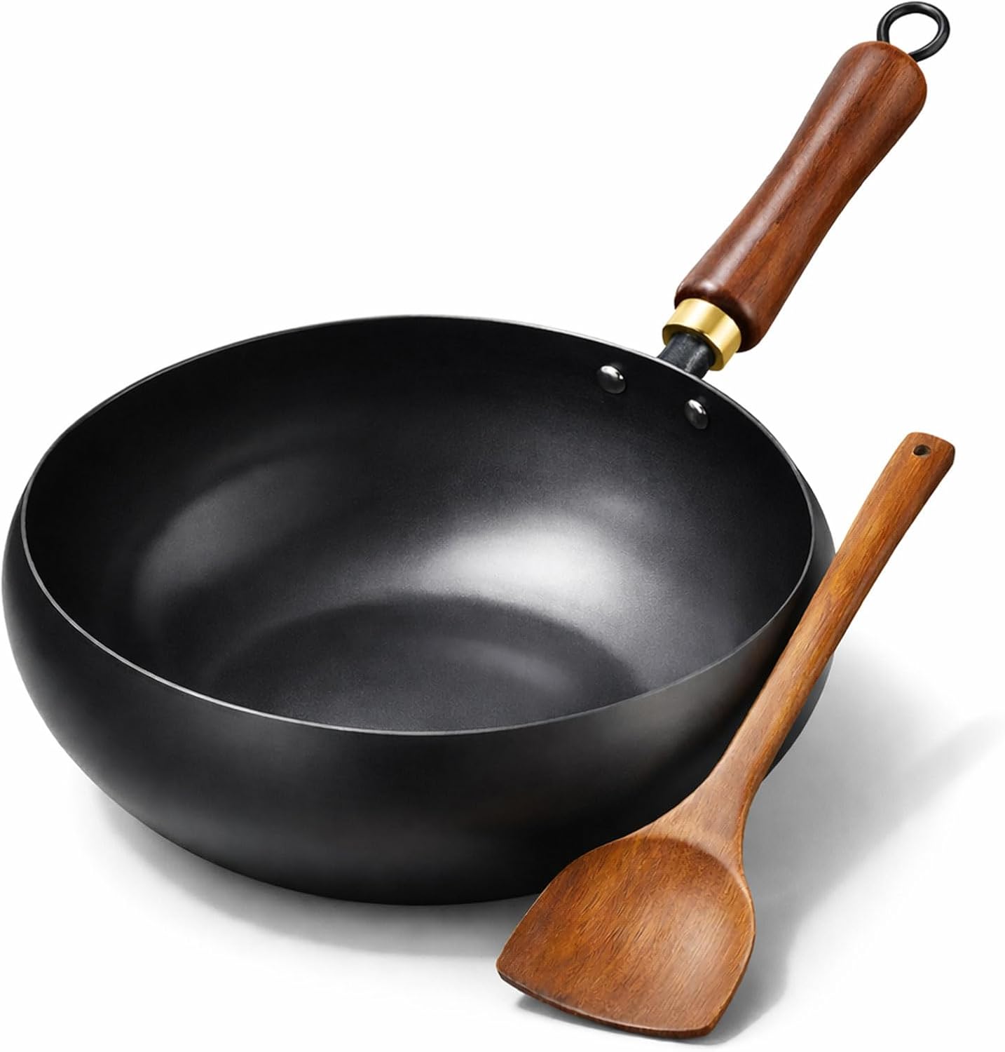 Traditional Forged Big-Belly Pot - Japanese-Style Big Belly Iron Wok with Lid, Nitrided Rust-Resistant & Uncoated Non-Stick Deep Frying Pan- Includes Wooden Spatula (No pot lid,24cm)