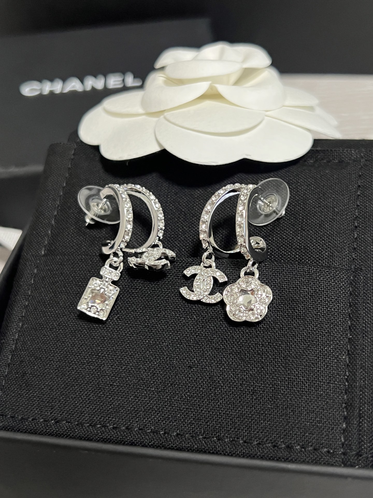 Chanel Asymmetric Silver Earrings with Rhinestone Perfume Bottle Camellia CC Dangle - Original Replica Club