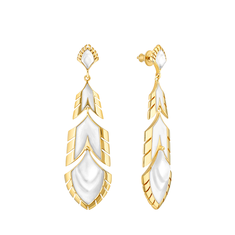 BOUCLES D'OREILLES PAON - CRISTAL INCOLORE NACRÉ BLANC ET LAQUE BLANCHE, PLAQUÉ OR JAUNE 18 CARATS