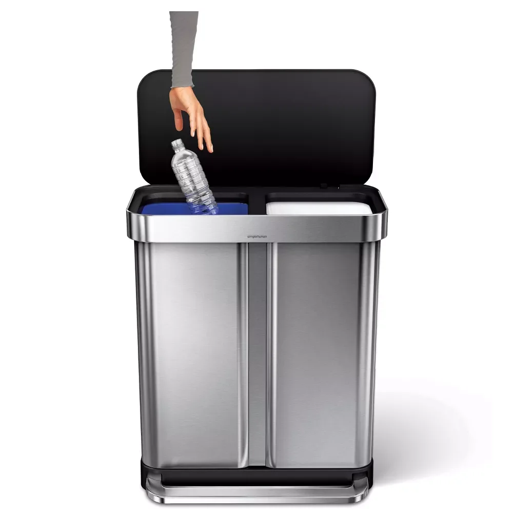 simplehuman 58 Liter / 15.3 Gallon Rectangular Dual Compartment Recycling Step, Brushed Stainless Steel with Soft-Close Plastic Lid Kitchen Trash Can - Image 25