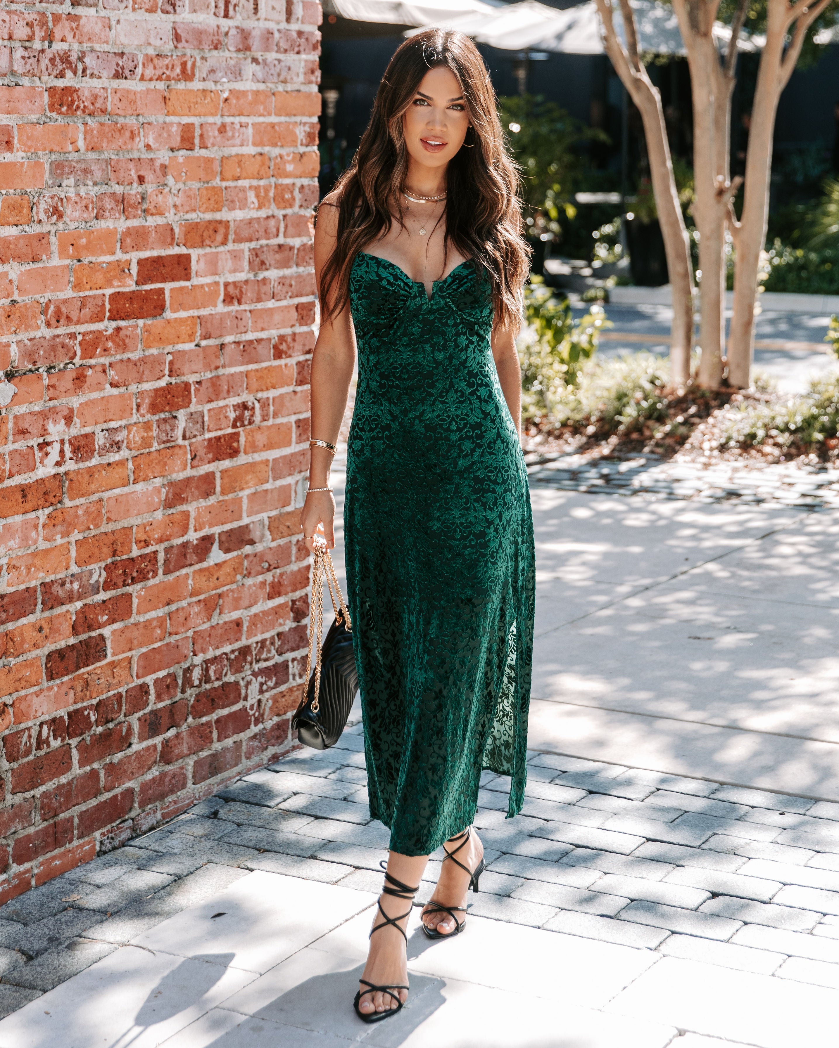 Keeping Secrets Floral Velvet Side Slit Midi Dress - Pine - Se7enfashion