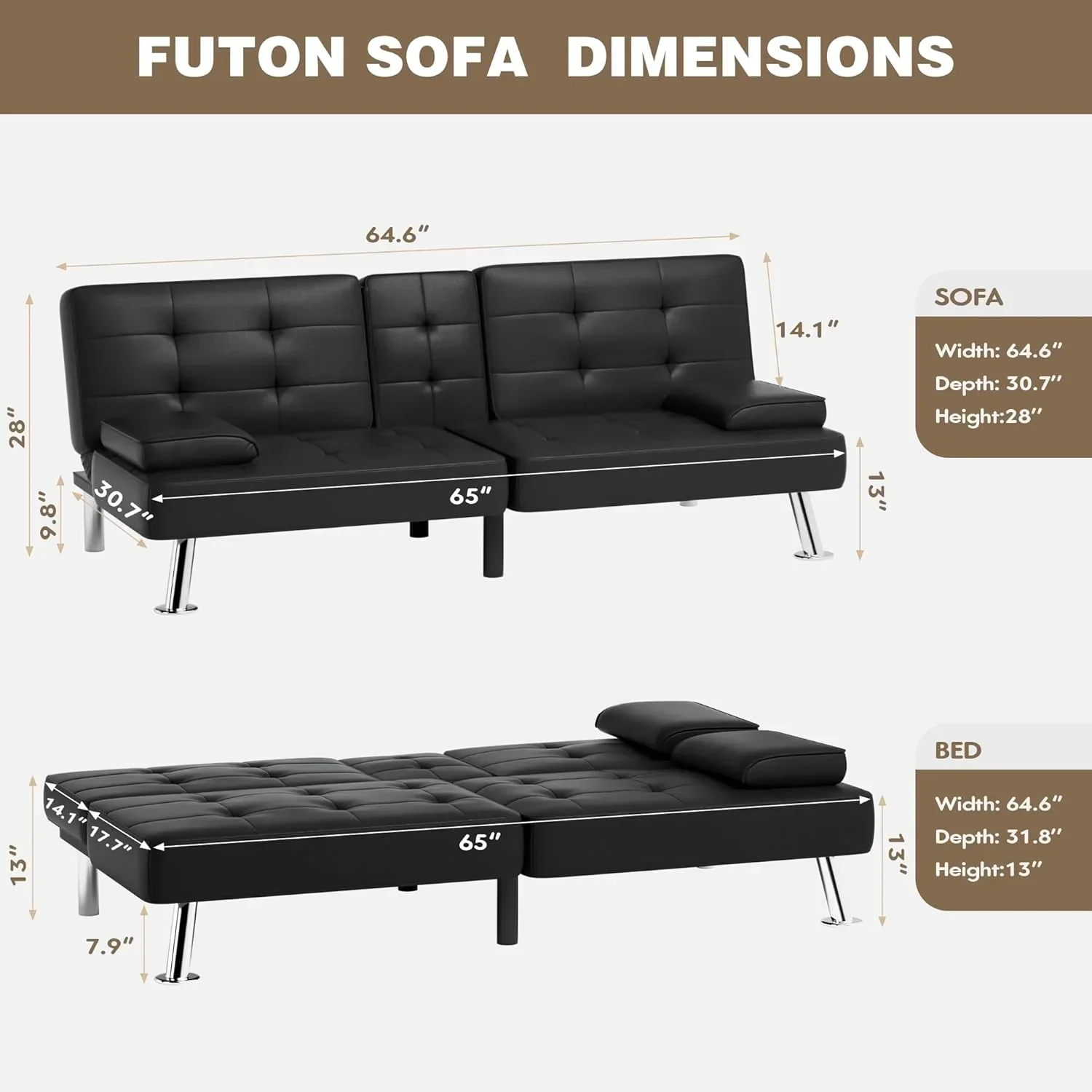 Homall Futon Sofa Bed Leather Futon Couch with Armrests Adjustable Recliner Sleeper Sofa Bed