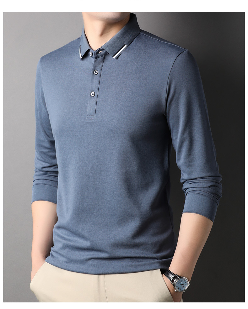 Men's gray blue lapel long sleeve polo shirt