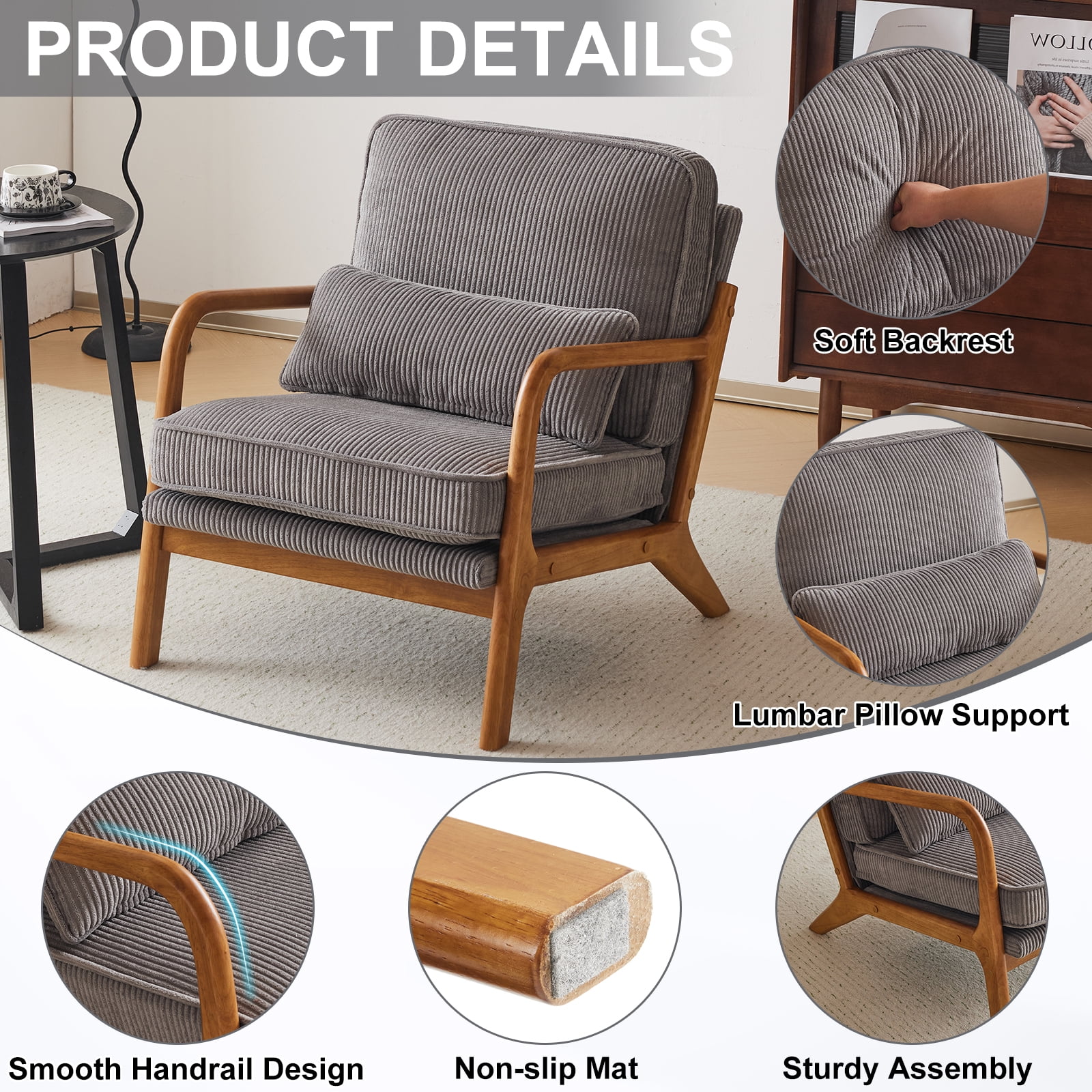 Ktaxon Accent Chair Corduroy Upholstered Armchair, Reading Club Chair with Pillow and Solid Wood Frame for Living Room Bedroom Furniture Off White - Image 72