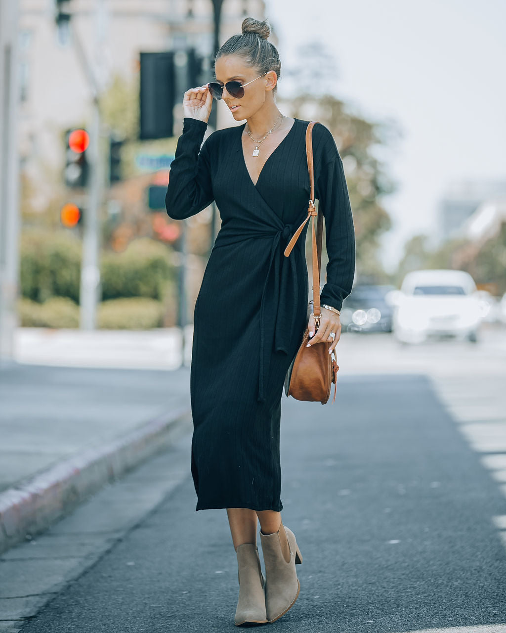 Dante Ribbed Knit Front Tie Midi Dress - Black - Se7enfashion