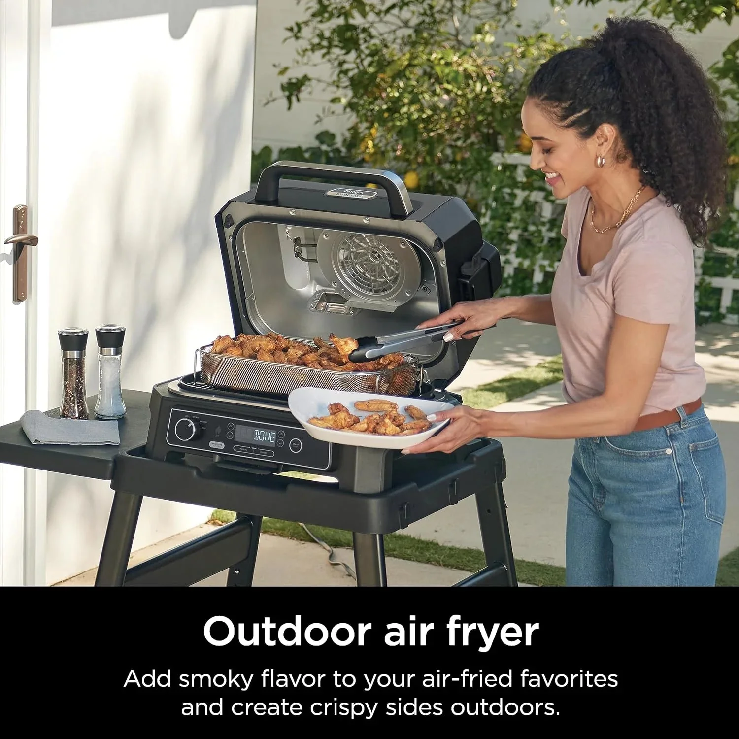 7-in-1 Grill & Smoker with Thermometer, Air Fryer, BBQ, Bake, Roast, Broil - Portable Electric Outdoor Grill, Grey