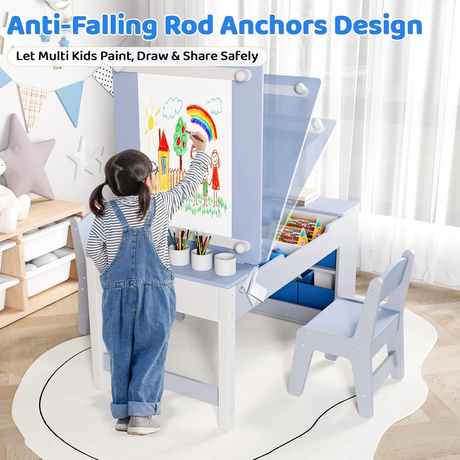 LAZY BUDDY Kids Art Table and 2 Chairs Set, 2 in 1 Easel & Toddler Craft Table and Chairs Set with Storage Bins, Paint Cups and Paper Roll, Activity Table Set for Children 3+ - Image 11