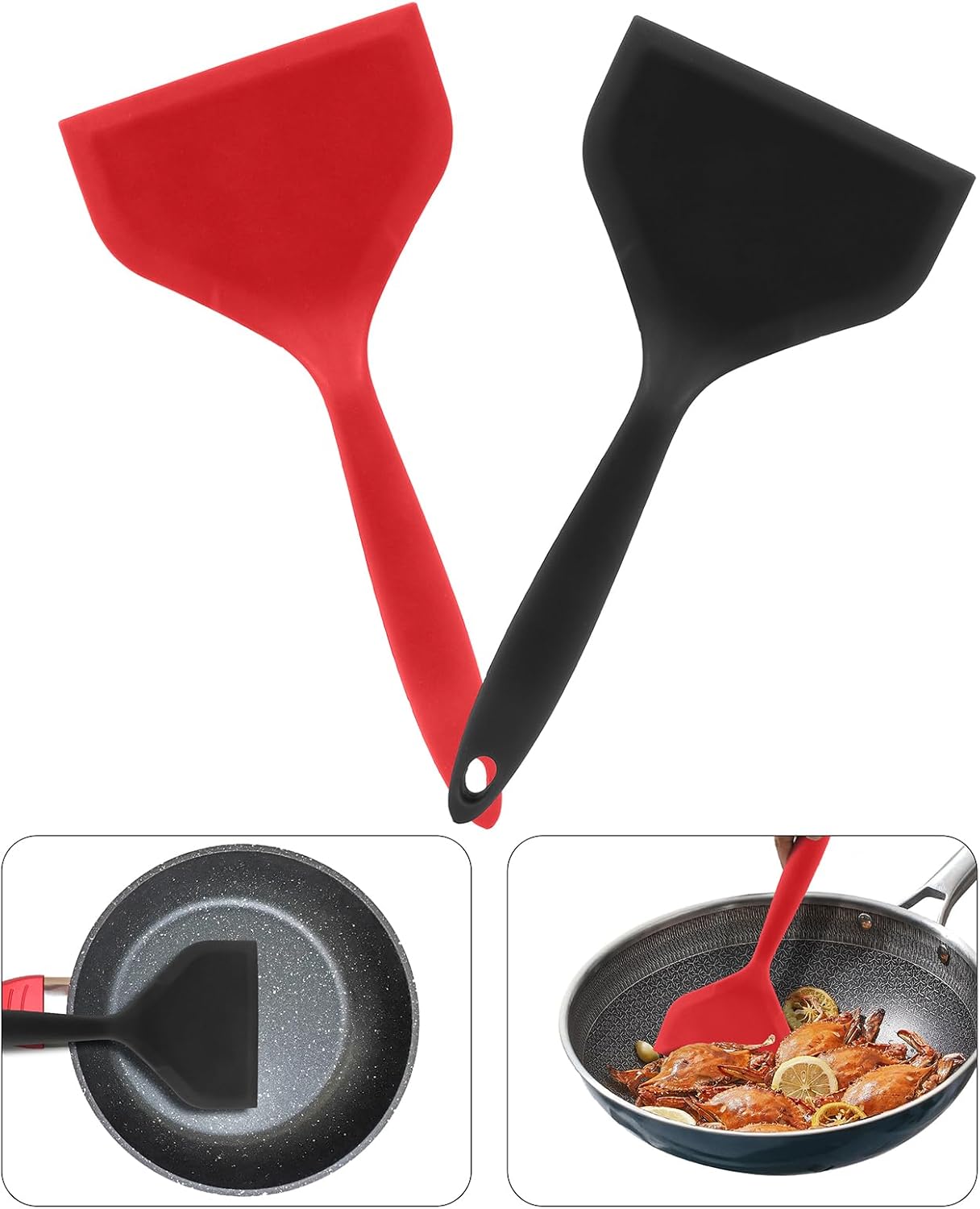 2Pcs Silica gel Wok Spatula,Wide Pancakes Spatula, Nonstick Heat-Resistant Pancake Shovel with Short Handle for Cooking, Baking and Stir-Fry (Black & Red,Style 1)