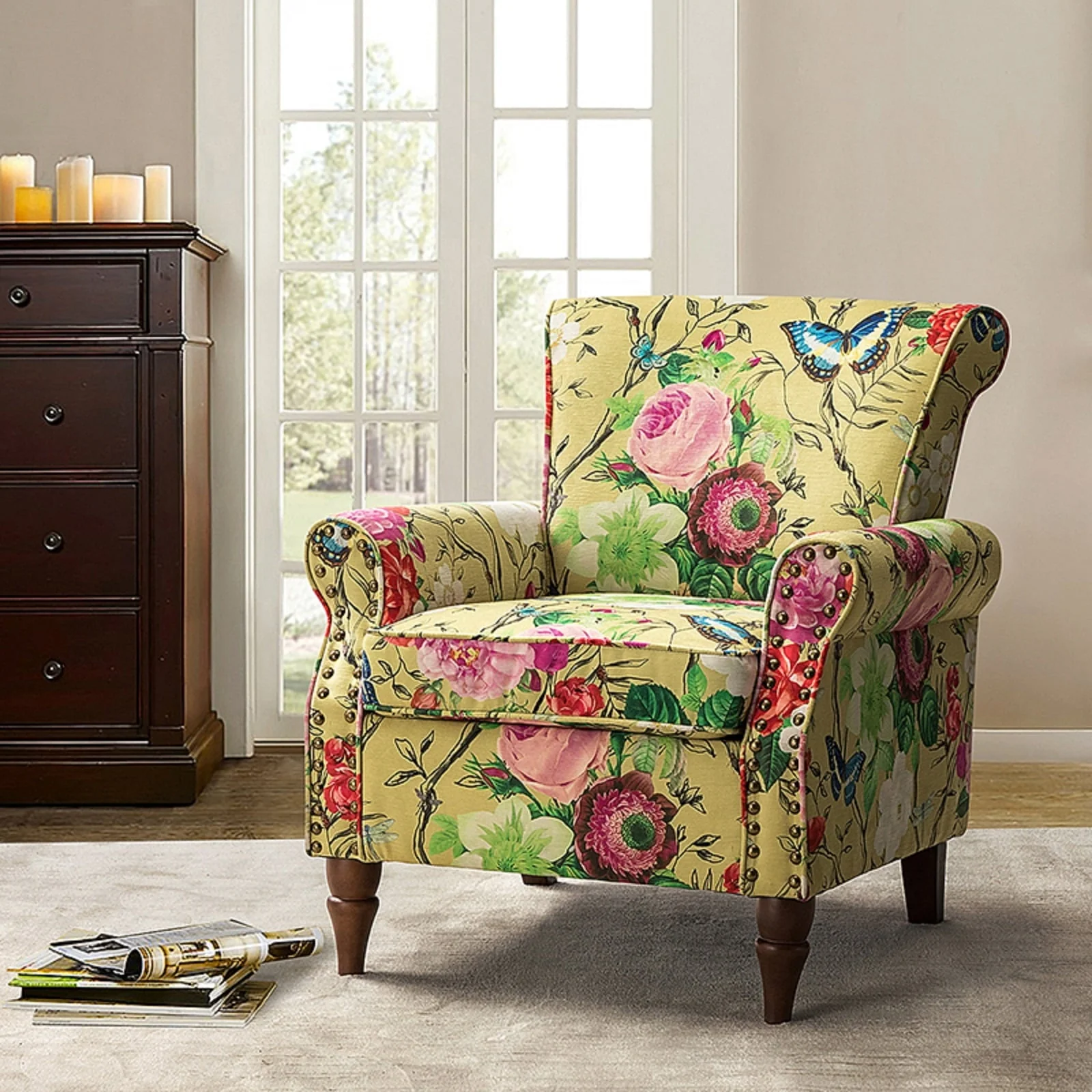 14 Karat Home Wingback Accent Chair Removable Cushion Floral Upholstered Sofa Armchair Couch Wood Legs Nailhead Trim Mustard(1/BLACK 1)