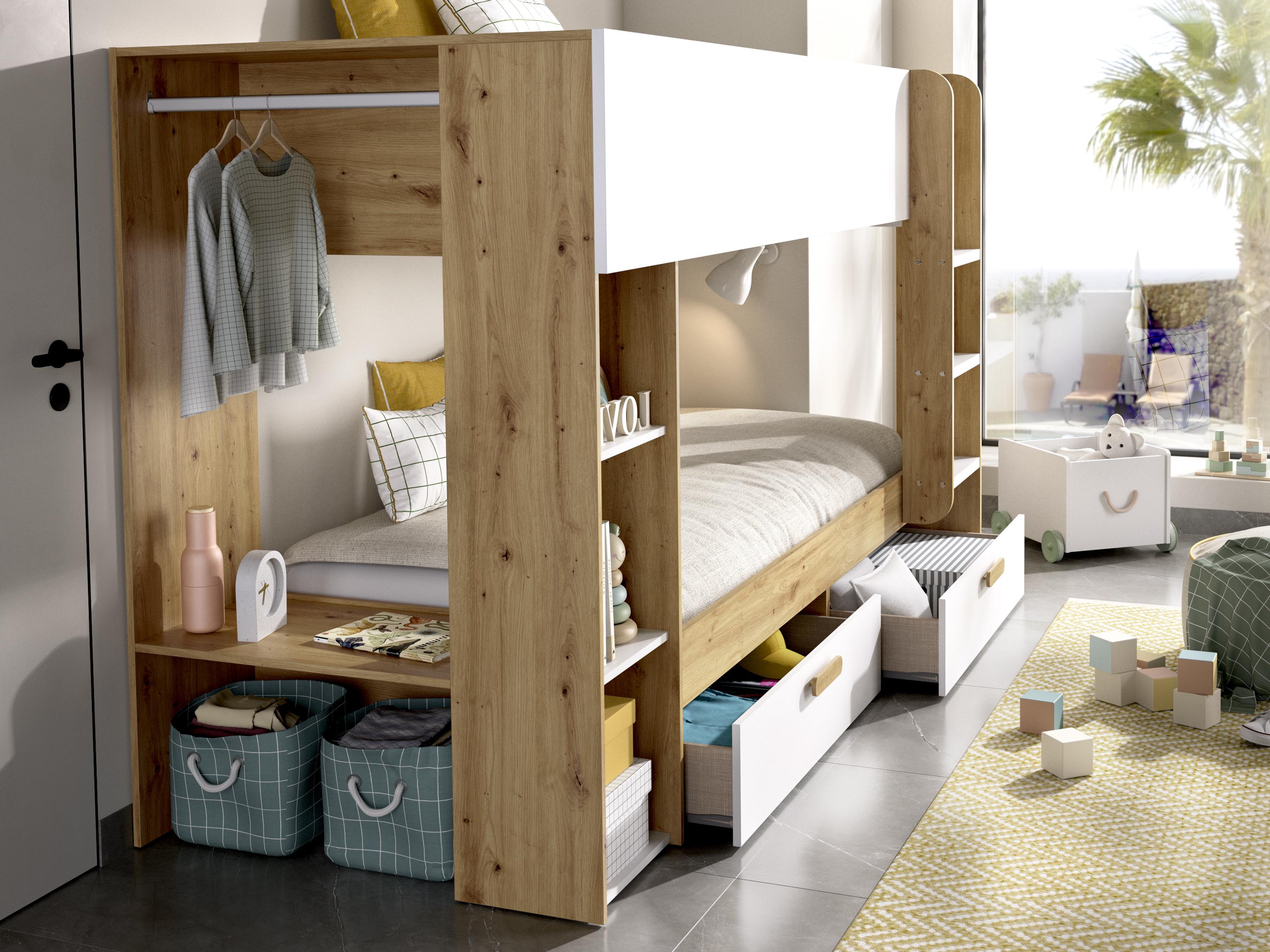 Litera 2 x 90 x 200 cm con compartimentos y ropero - Blanco y natural