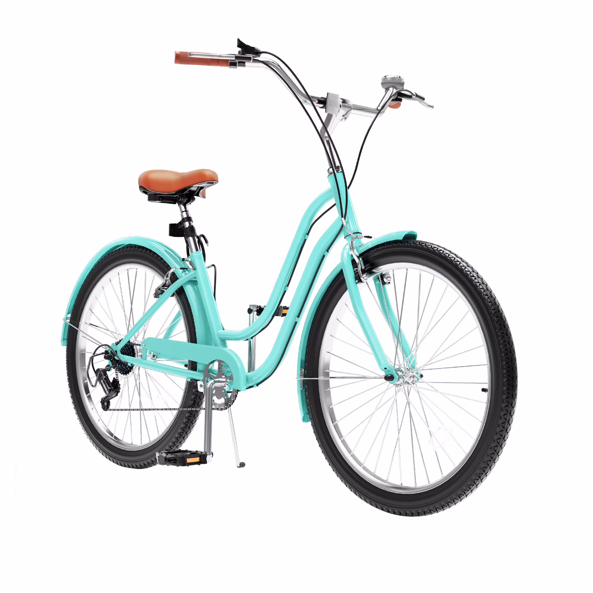Uforic24'' Beach Cruiser Bike, 7 - Speed, Step - Through Bicycle for Men Women, Steel Frame, Mint Green(Light Blue/26'')