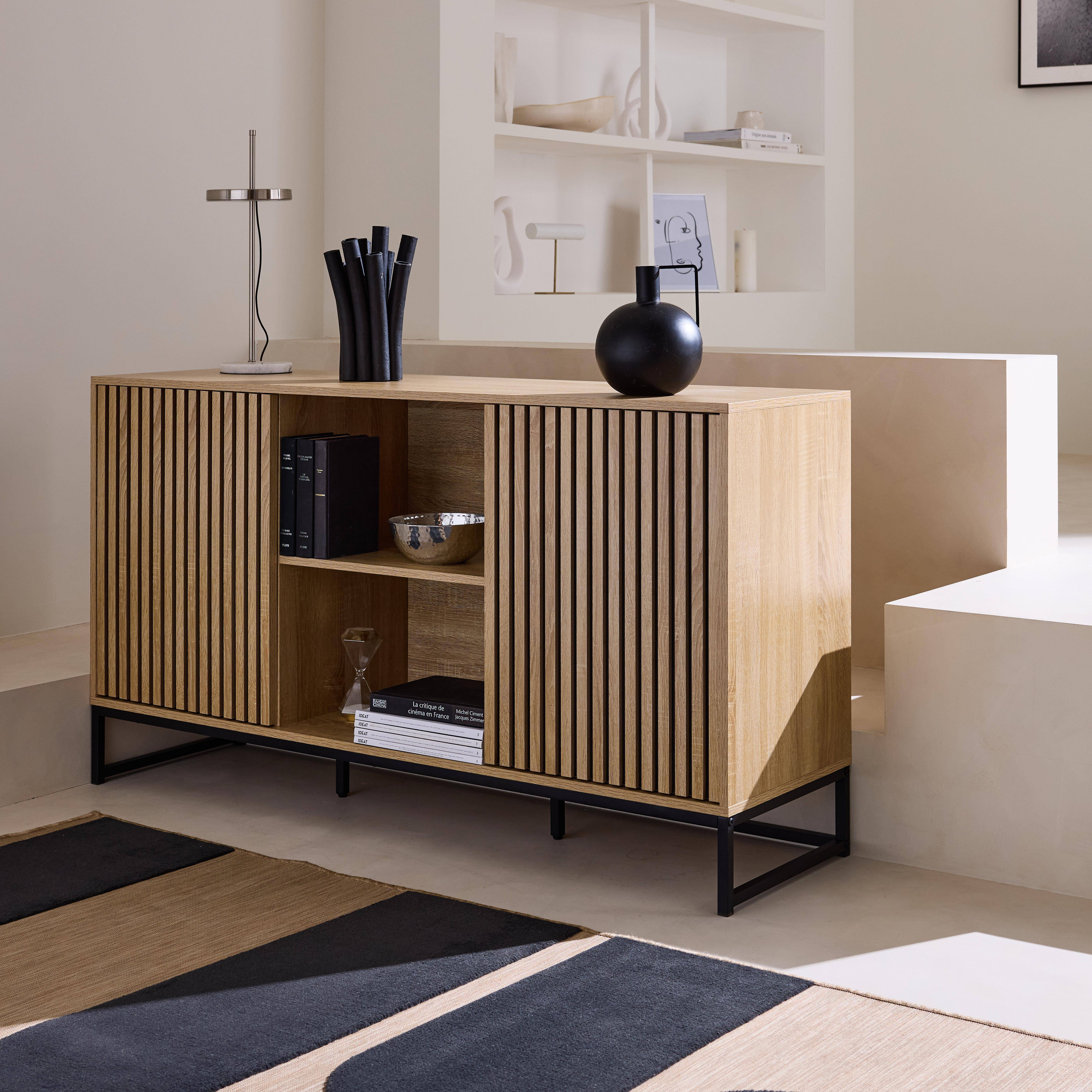 Lisbonne - Aparador contemporáneo acanalado efecto madera de 2 puertas, 140cm