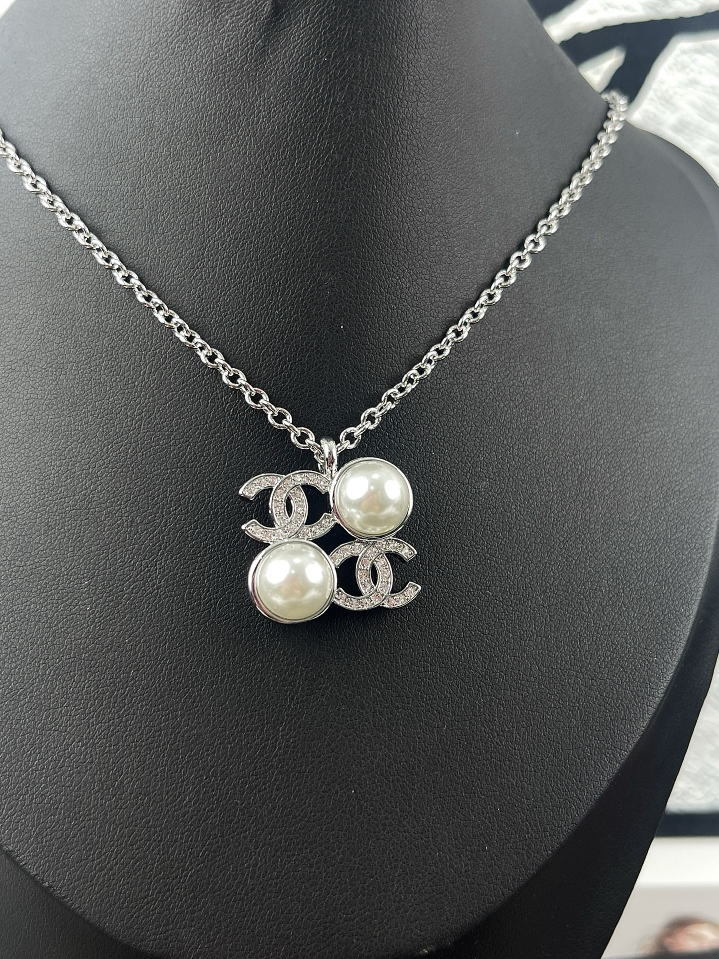 Chanel Silver Square Coco & Pearls Pendant Necklace - Original Replica Club