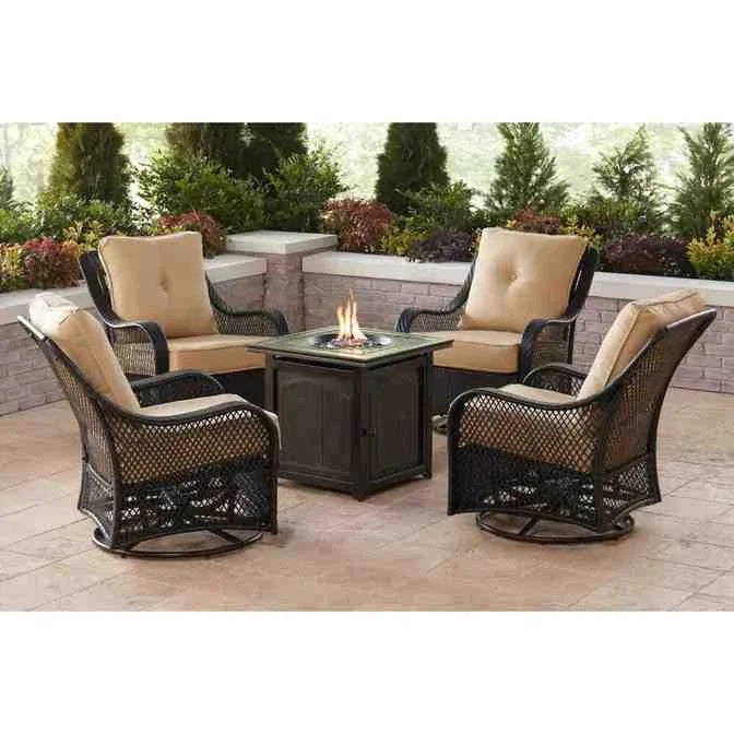 2025 5-Piece Steel Patio Fire Pit Conversation Set with Navy Blue Cushions, Swivel Gliders and Square Fire Pit Table