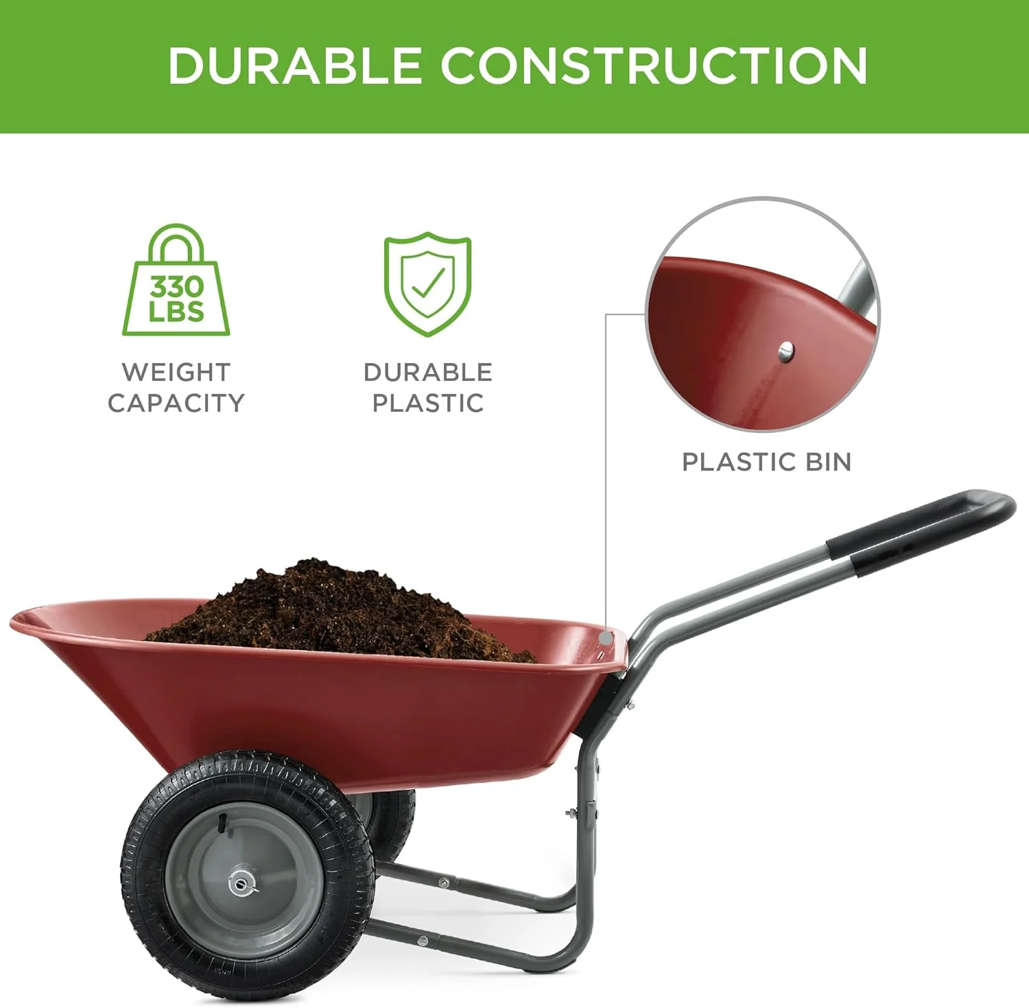 ZMMOO Dual-Wheel Home Utility Yard Wheelbarrow Garden Cart w/Built-in Stand for Lawn, Gardening, Construction - Red - Image 4