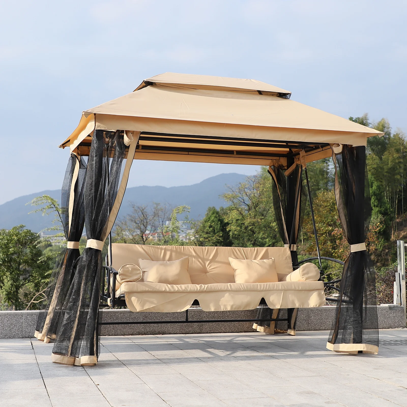 Outsunny 3 Person Patio Swing Chair, Gazebo Swing with Double Tier Canopy, Cushioned Seat, Mesh Sidewalls, gray - Image 12