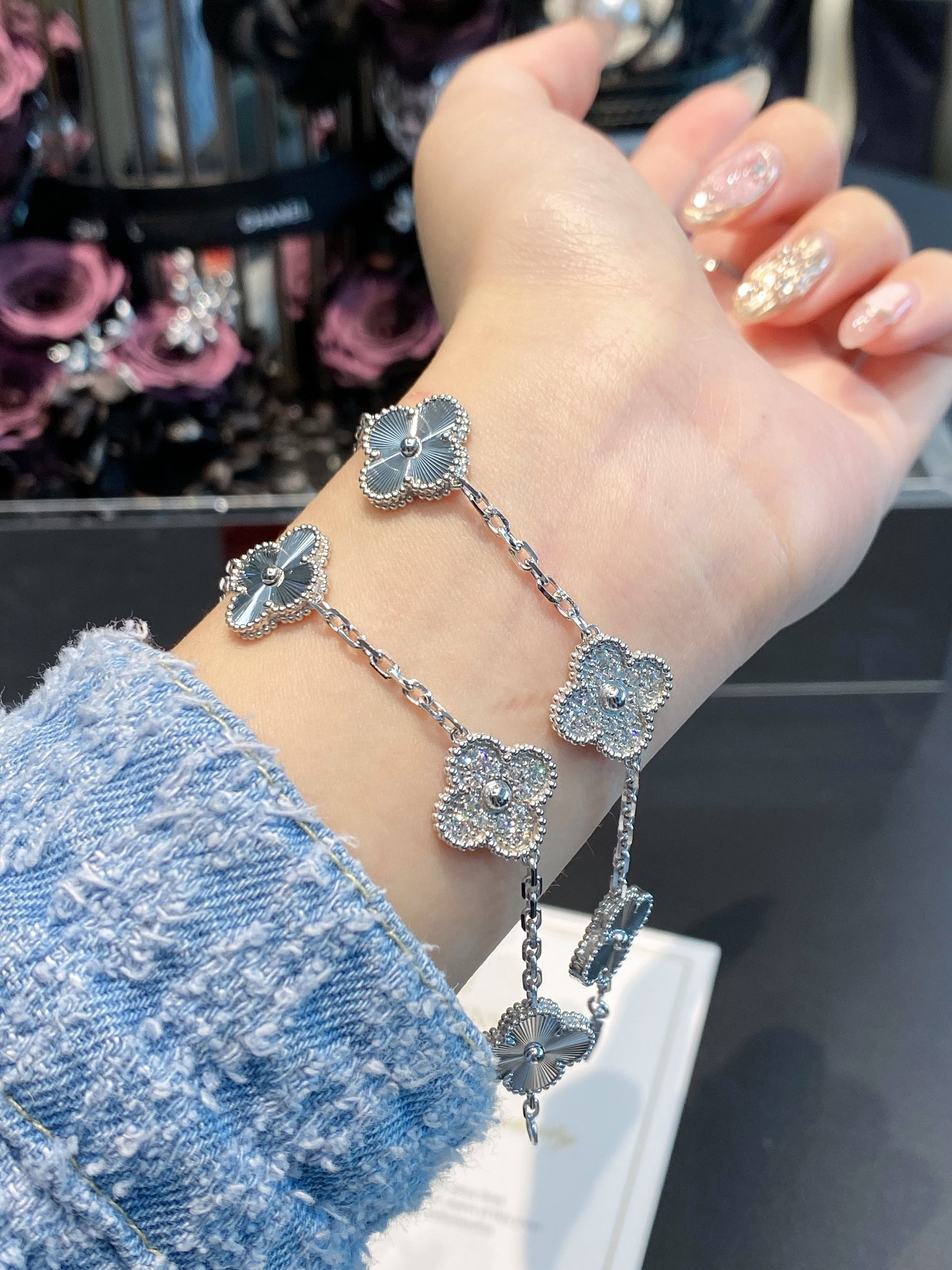 VCA Silver Diamond Vintage Alhambra Bracelet, 5 Motifs - Original Replica Club