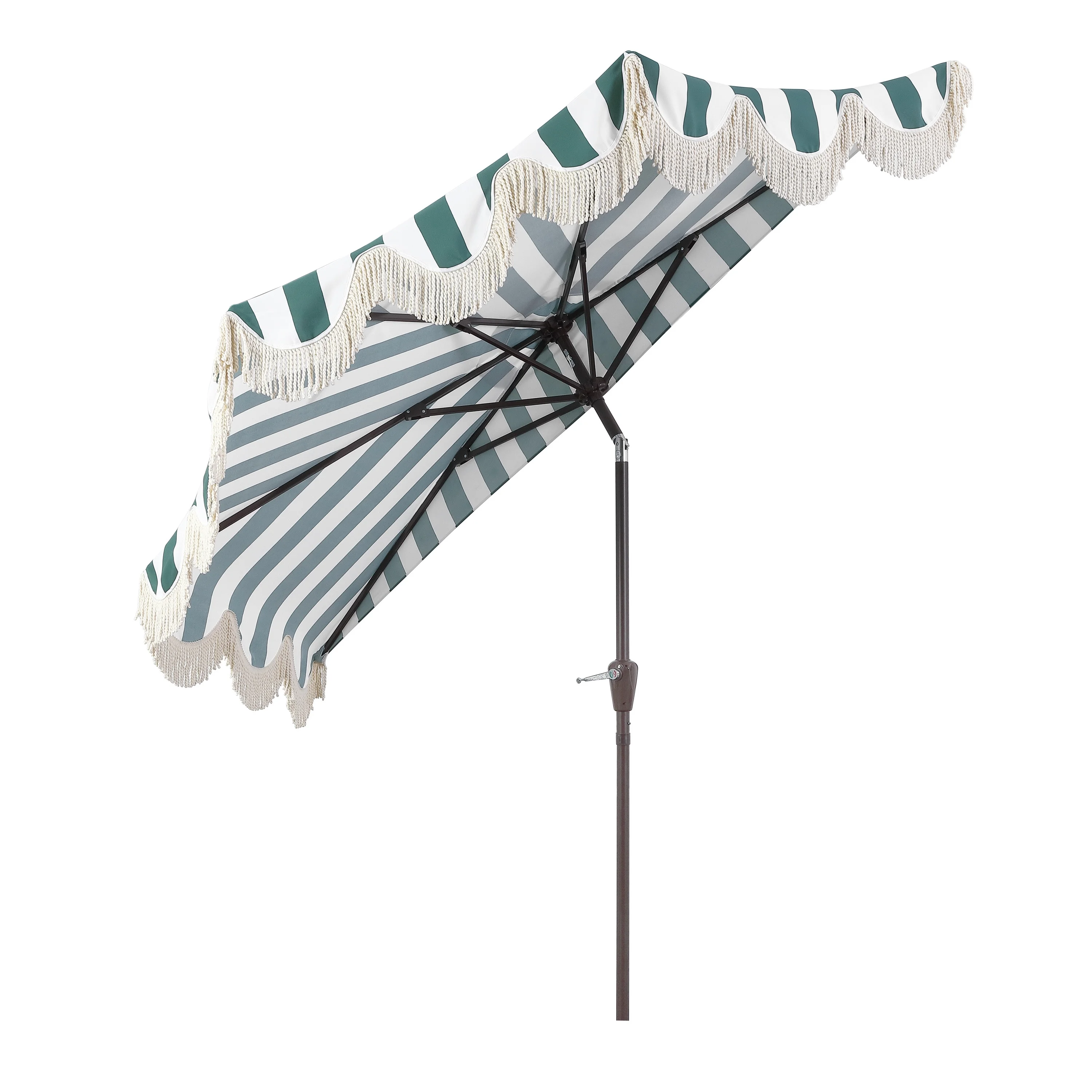 JONATHAN Y Beverly 9 ft. Half Market Patio Umbrella, Designer Classic Scalloped Fringe with Crank, Tilt Button and UV Protection, Blue/White/Cream, Dark Brown Pole - Image 29