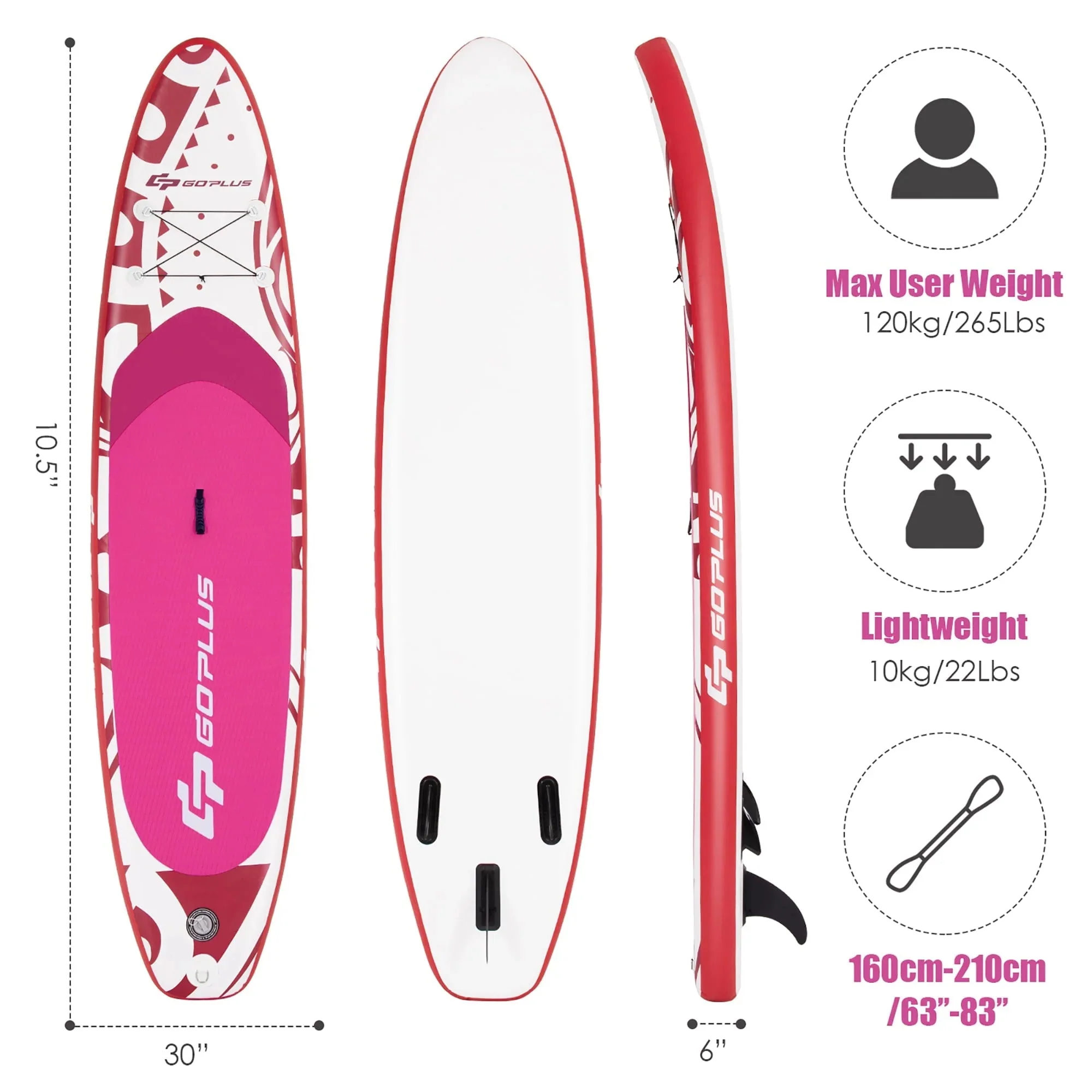 Goplus Inflatable Stand-Up Paddle Board 10.5 x 30 x 6 - Pink - Image 3 Goplus Inflatable Stand-Up Paddle Board 10.5 x 30 x 6 - Pink - Image 3