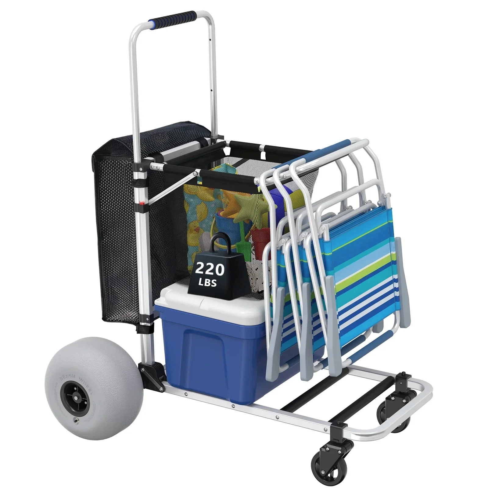Foldable Beach Cart with Adjustable Handle and 12" Balloon Wheels, Heavy Duty Aluminum 220LBS Capacity