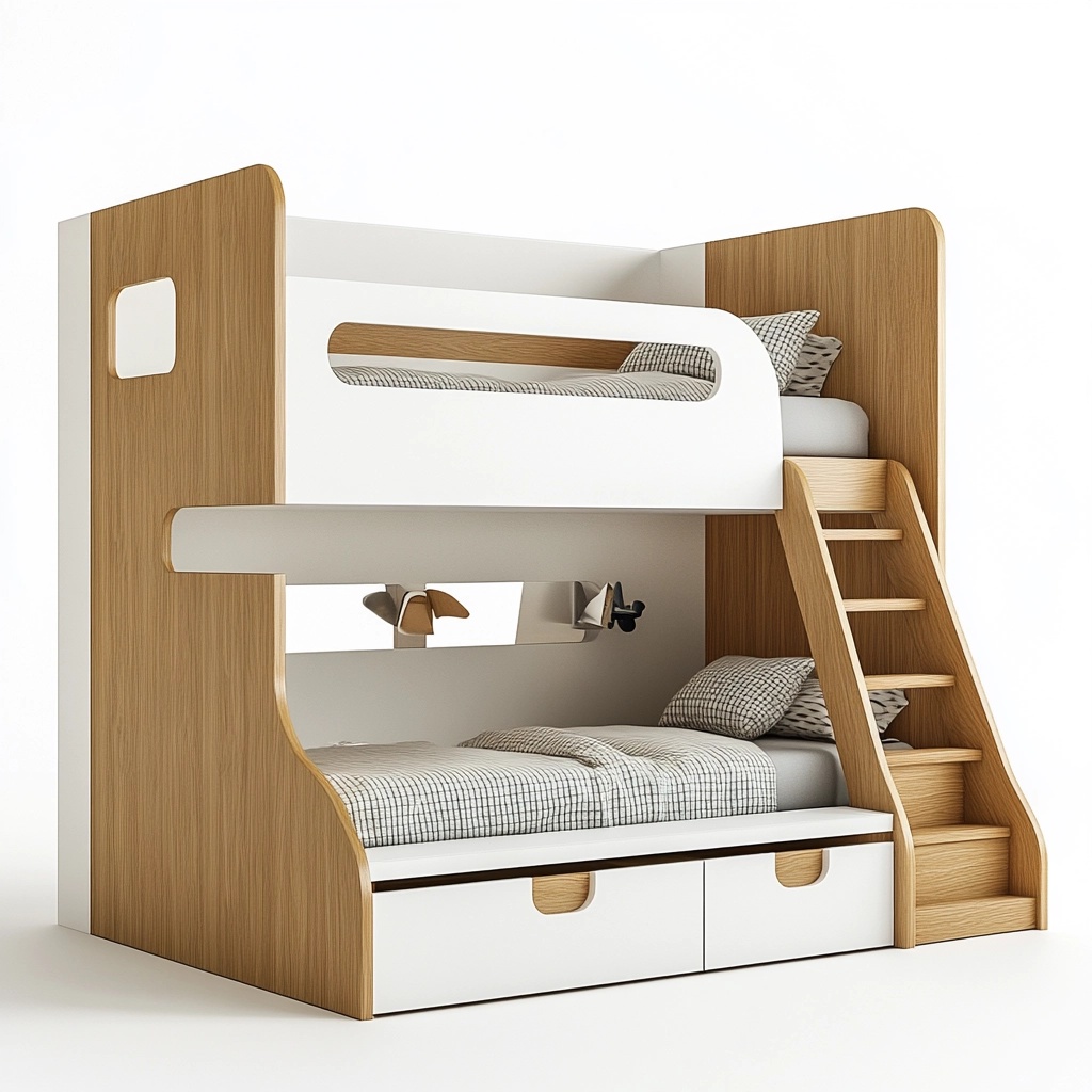 Cama litera moderna madera escalera dormitorio infantil blanco/roble