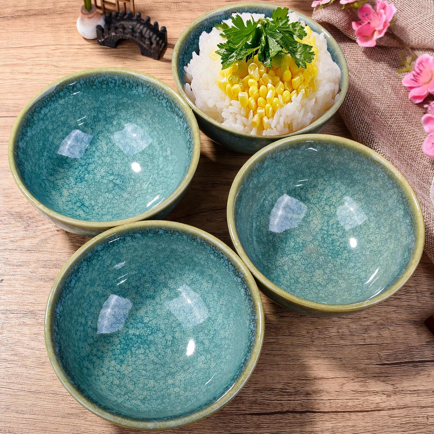 Porcelain Rice Bowls Ceramic Sushi Bowl Set of 4 Perfect for Soup Cereal Oatmeal Fruit Rice Microwave and Dishwasher Safe Green