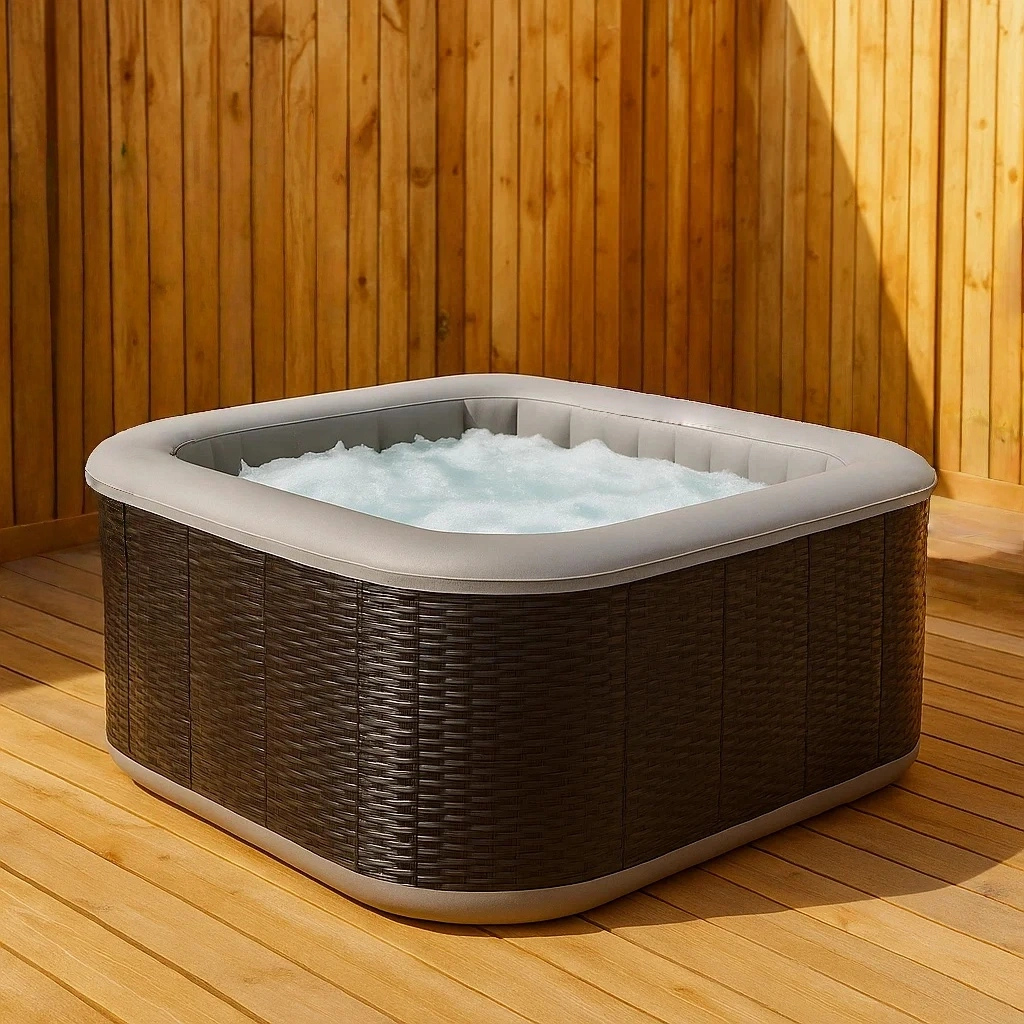 Spa hinchable cuadrado,4 plazas,estructura de rattan,color marrón y gris,instalación independiente,dimensiones 150x150x70 cm - j7sAYRpFWfml