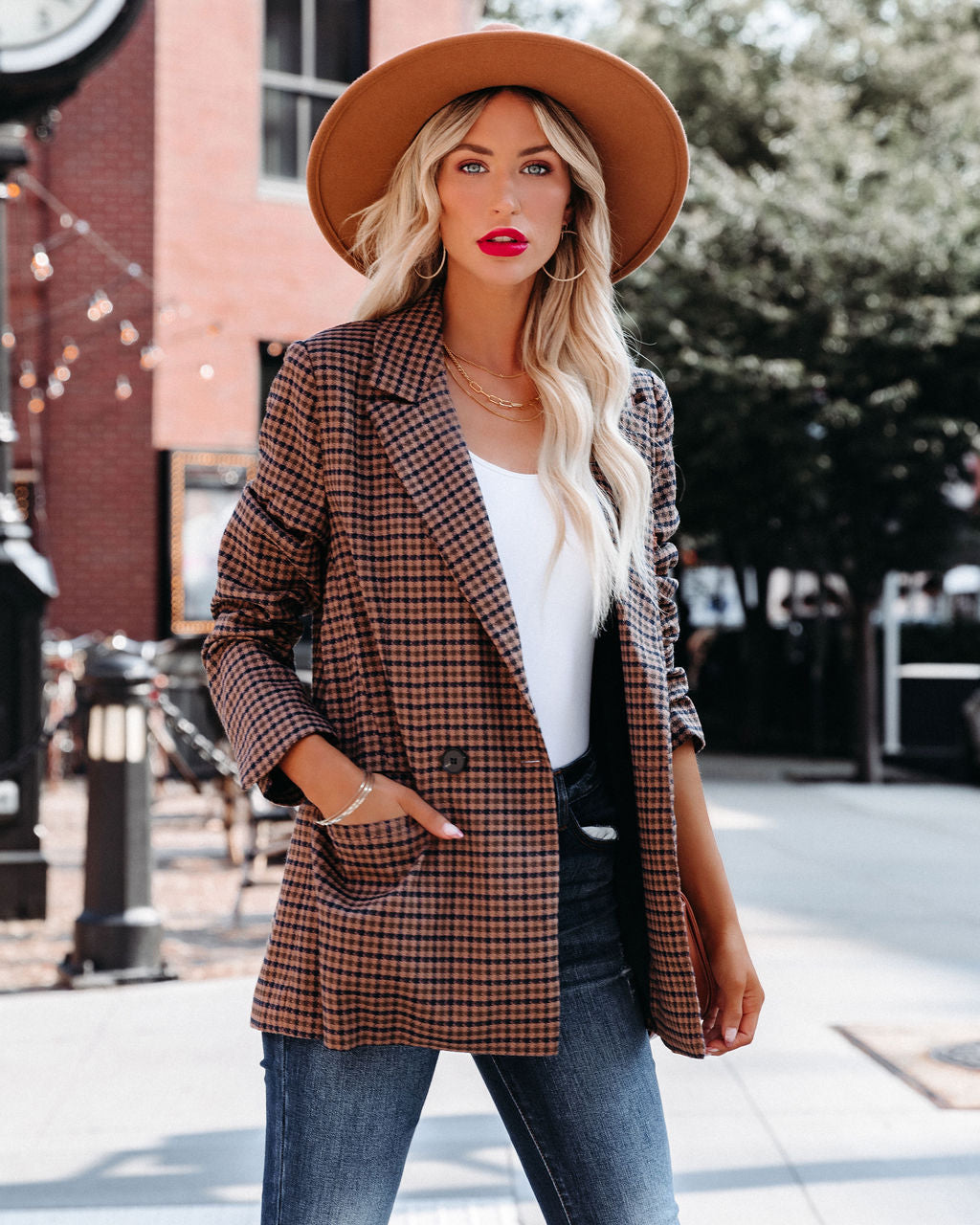Marketplace Pocketed Houndstooth Blazer - Se7enfashion