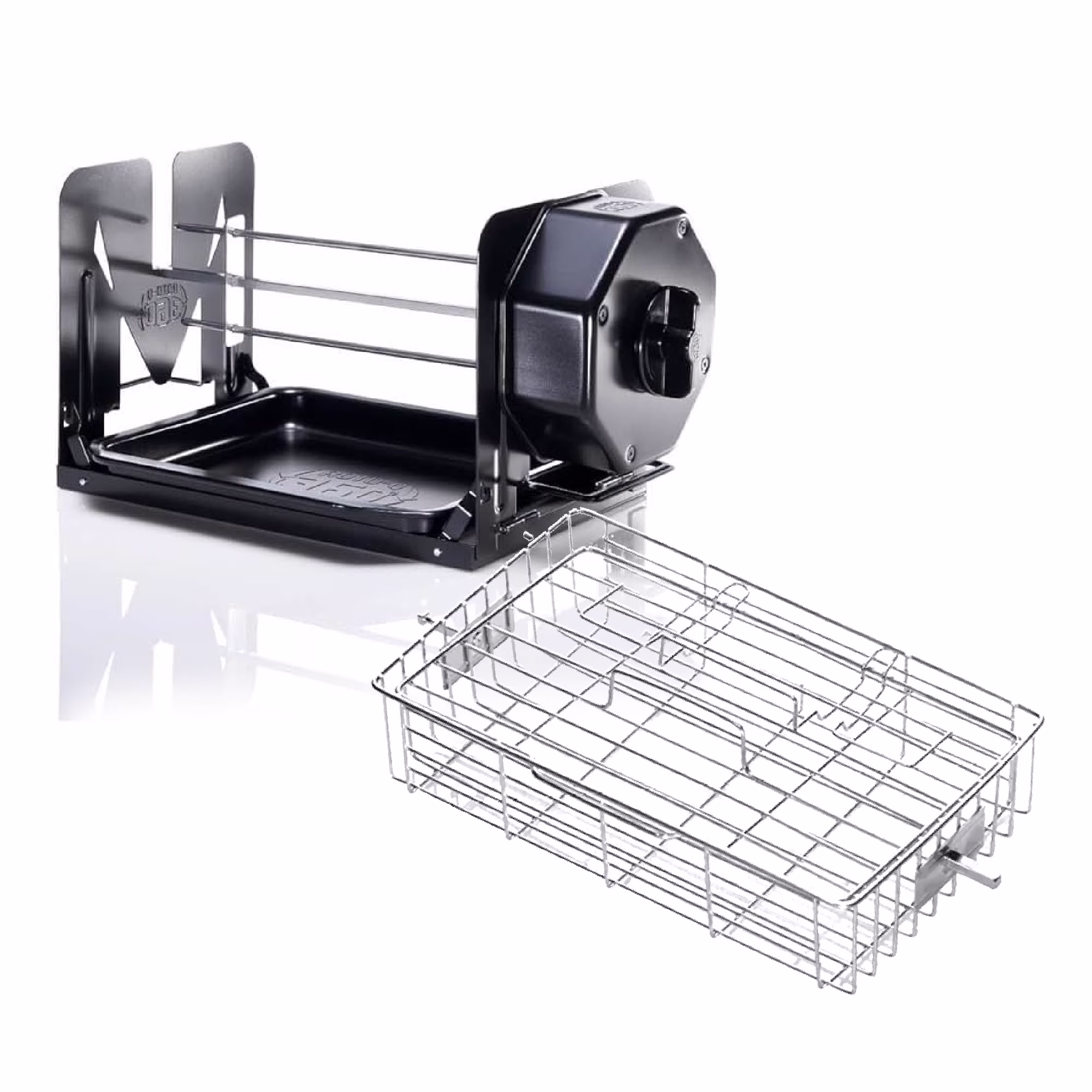 ROTO - Q 360 Cordless Rotisserie Kit W/Flat Cage for Grills, Ovens, Smokers - Non - Electric Spit Roaster - Gas or Charcoal BBQ - Kamado Joe Green Egg Kettle - Indoor Outdoor Cooking(Black)
