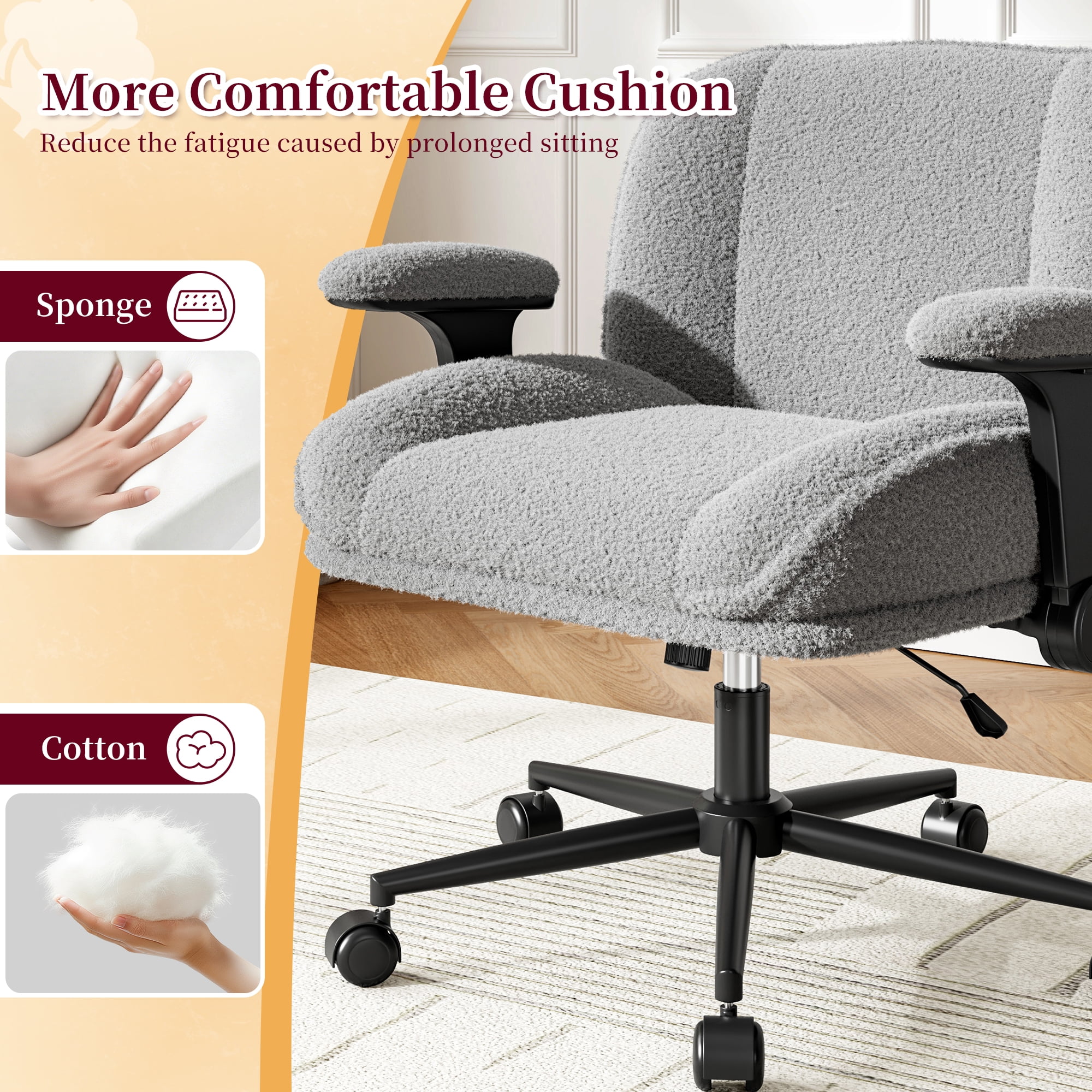 Romorgniz Criss Cross Chair with Adjustable Arms & Lumbar Support Office Chair with Reclining Back, Thick Cushion & Wheels for Office, Gaming, Reading, Vanity, Off-White - Image 16