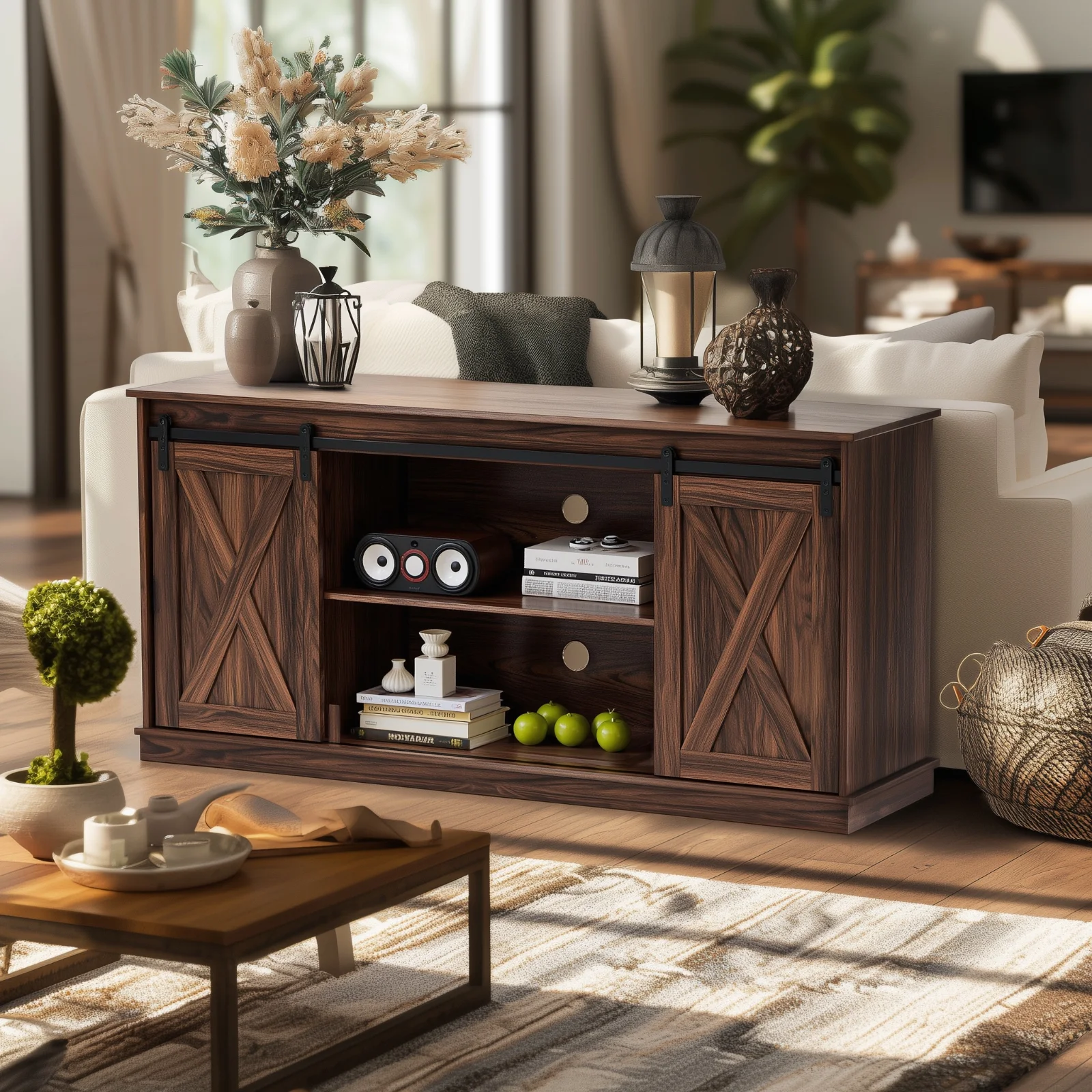 GIANNA TV Stand for Televisions up to 65 Inch, Entertainment Center with Sliding Barn Doors, Storage Cabinets and Media Shelves, Living Room Console Table, White - Image 13