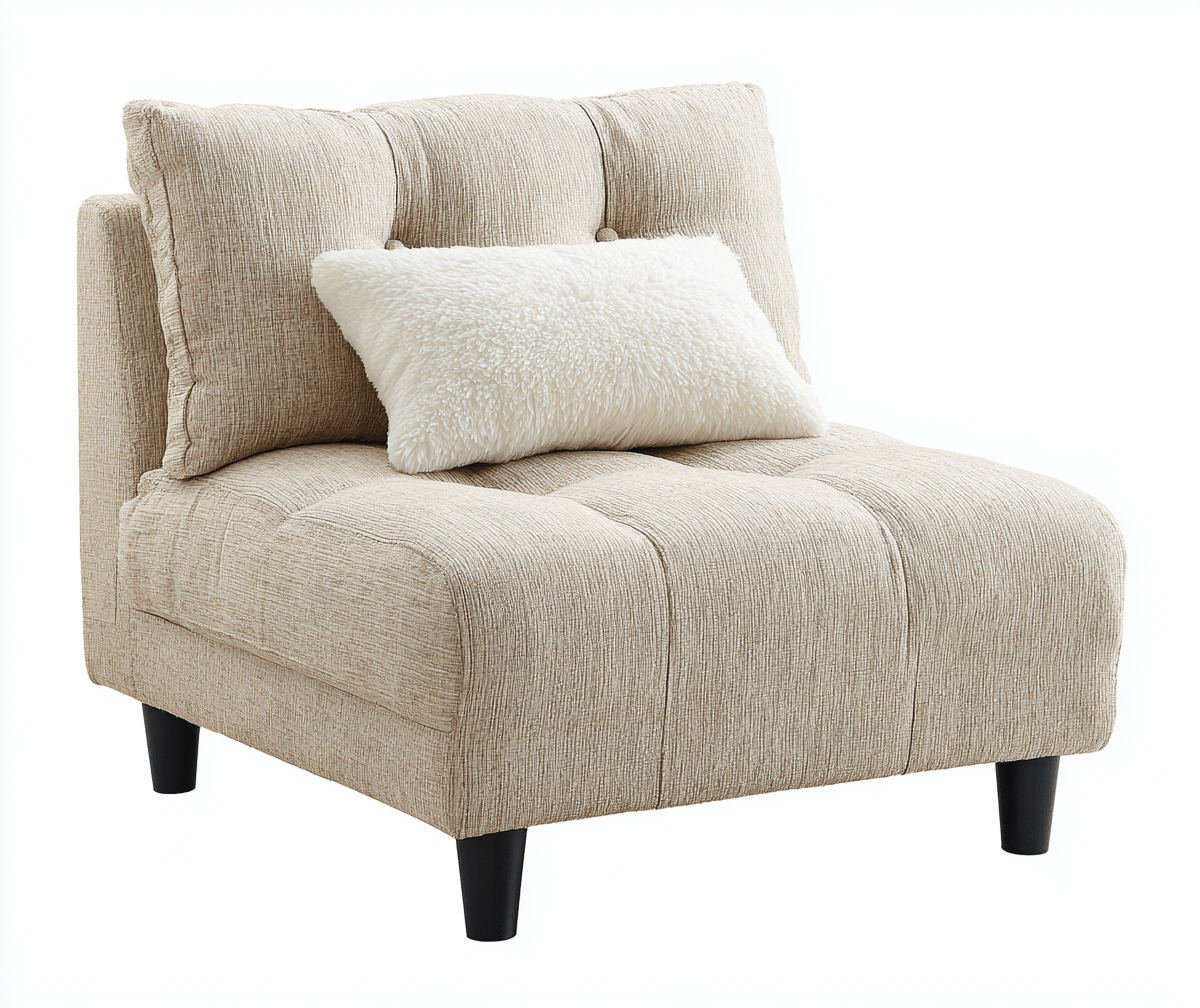 Sillón individual tapizado 85×80×90 cm – beige claro – con un cojín decorativo y un respaldo acolchado