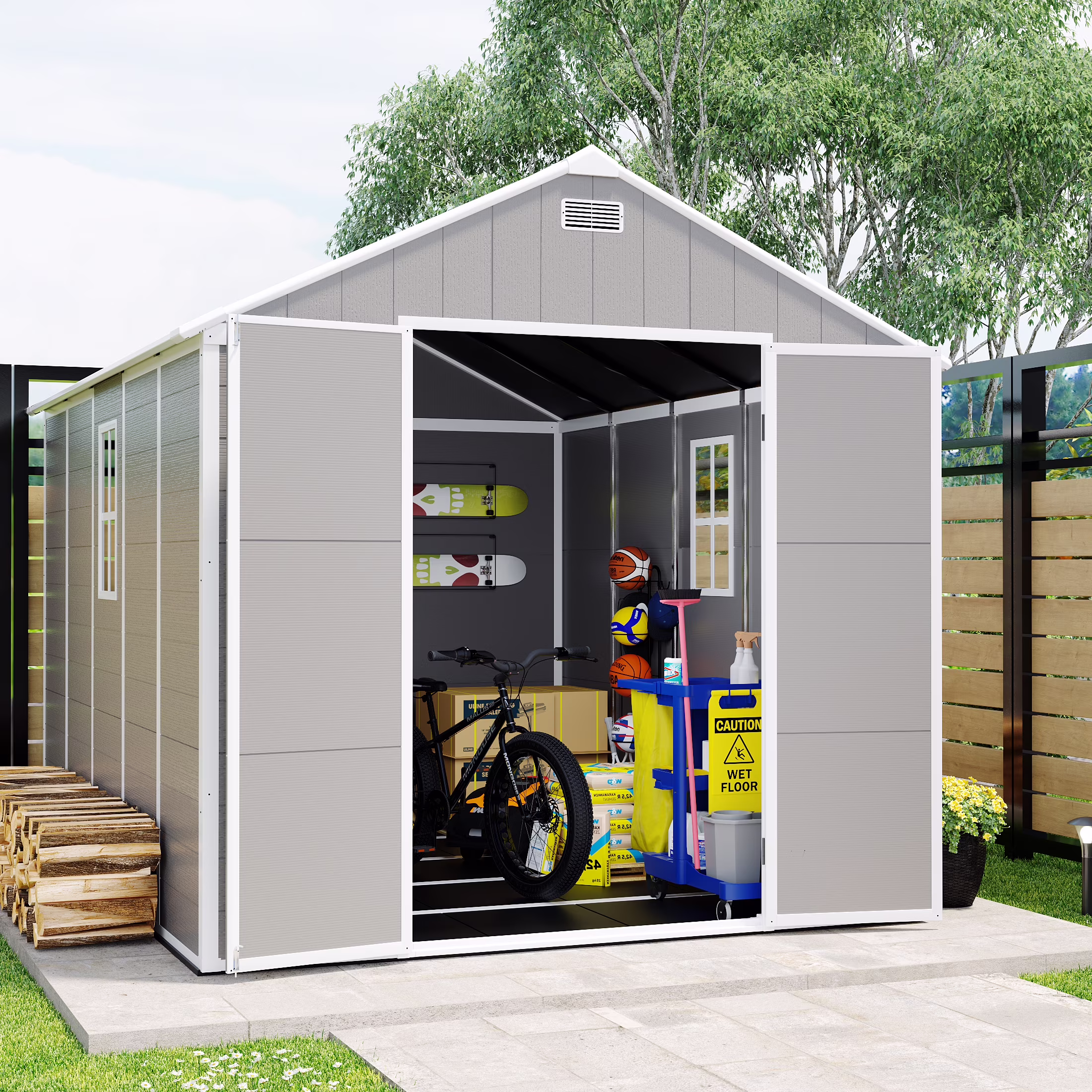Enyopro 6 x 4.4FT Outdoor Storage Shed, All - Weather Plastic Resin Utility Tool Large Shed with Dual Lockable Doors for Patio Backyard Lawn, Gray(10*8 Light Gray)